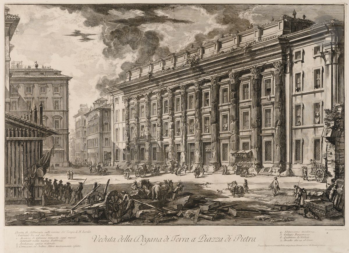 Giambattista Piranesi (1720-1778)
Veduta della Dogana di Terra a Piazza di Pietra (Vue de la douane de terre ou Hadrianeum). 1753. Eau-forte et burin. 605 x 445. Hind 32 (iii/vi). Très belle épreuve sur vergé fort, avant les numéros, le prix effacé. Numéro de folio 27 à la plume et à l’encre sépia dans l’angle supérieur droit. Pli de reliure vertical médian avec petit renfort en pied au verso. Infimes rousseurs. Bord gauche irrégulier, déchiqueté, avec petits trous d’onglets de reliure et manques. Grandes marges. 1er tirage parisien.