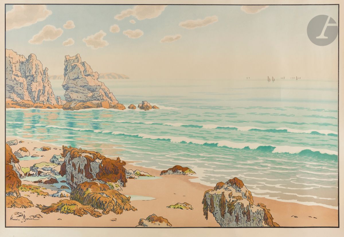 Henri Rivière (1864-1951)
La Mer (Plage du Portzic, presqu’île de Crozon). (Les Aspects de la nature, pl. 14). 1908. Lithographie. [880 x 600]. Levasseur-Le Bohec 14. Impression en couleurs. Très belle et fraîche épreuve sur vélin glacé, entoilée. Belles marges.