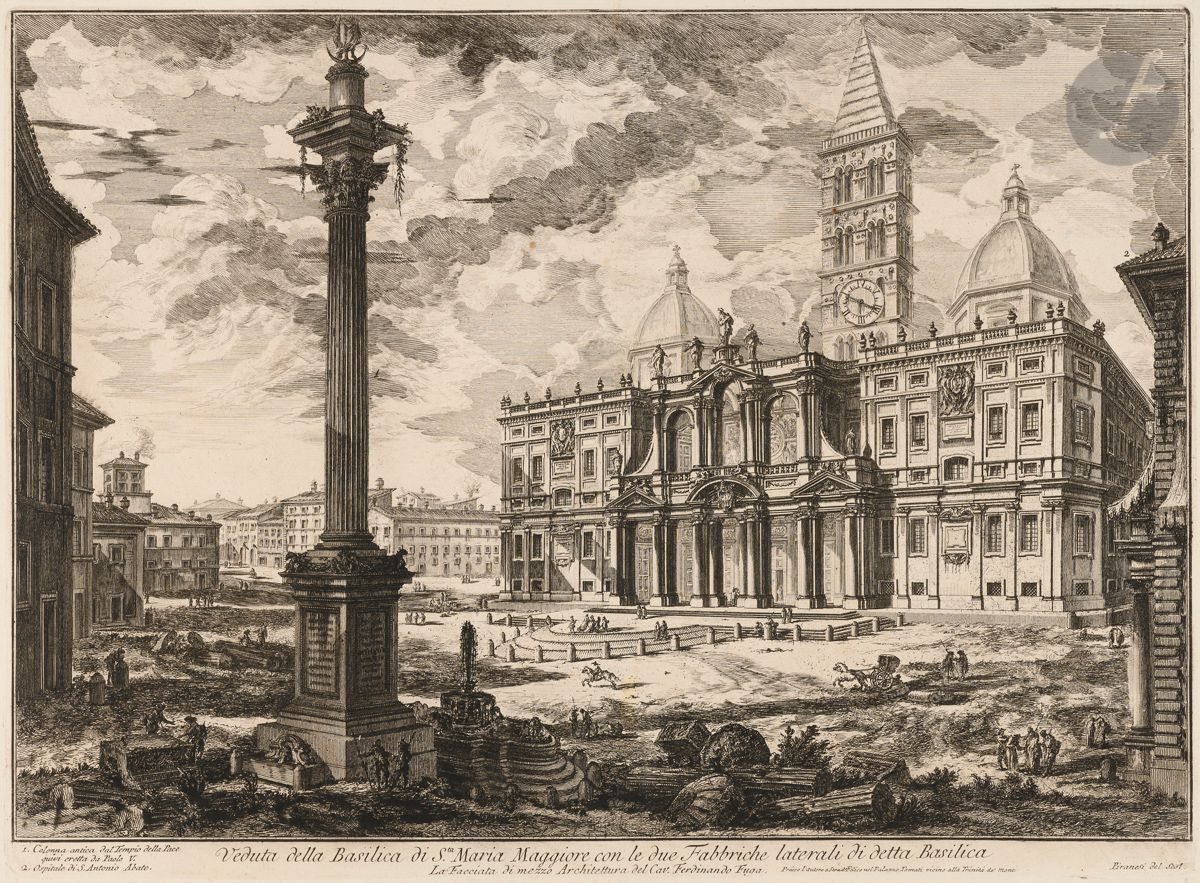 Giambattista Piranesi (1720-1778)
Veduta della Basilica di Sta Maria Maggiore… (Vue de la basilique Sainte-Marie Majeure). 1749. Eau-forte et burin. 540 x 395. Hind 9 (iv/vi). Très belle épreuve sur vergé fort, avant les numéros, le prix effacé. Numéro de folio 16 à la plume et à l’encre sépia dans l’angle supérieur droit. Pli de reliure vertical médian avec petit renfort en pied au verso. Infimes rousseurs. Bord gauche irrégulier, déchiqueté, avec petits trous d’onglets de reliure et manques. Grandes marges. 1er tirage parisien.