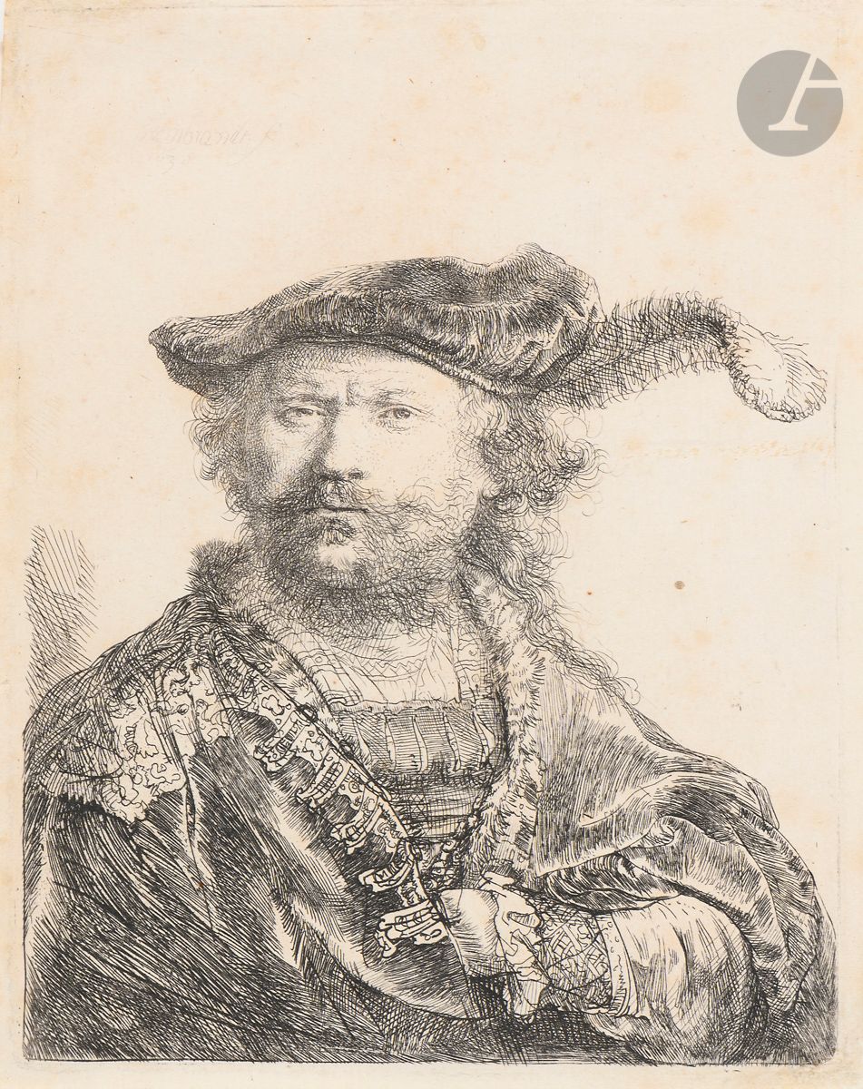 Rembrandt Harmensz. van Rijn (1606-1669)
Rembrandt au bonnet orné d’une plume. 1638. Eau-forte. 103 x 133. Bartsch 20 ; New Hollstein 170. Très belle épreuve sur vergé mince (filigrane : fragment de folie – 4 de force prolongé par une boule), du 2e état (sur 4), avant de nouveaux travaux, soigneusement lavée. Quelques très claires rousseurs. Deux minuscules points bruns à droite dans le blanc. Quelques infimes amincissures ou accrocs à l’extrême bord du feuillet. Marges étroites. Au verso, paraphe de P. Mariette II (Lugt 1789-1790) à la plume et à l’encre sépia, avec la date de 1667.