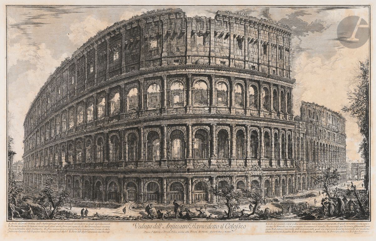 Giambattista Piranesi (1720-1778)
Veduta dell’ Anfiteatro Flavio, detto il Colosseo (Vue de l’amphithéâtre Flavien, dit le Colisée). 1759. Eau-forte. 700 x 440. Hind 57 (i/iv). Belle épreuve sur vergé, avant effaçage du prix, fortement lavée. Fracture du coup de planche dans l’angle inférieur gauche. Pli de reliure vertical médian. Fortes traces d’oxydation persistantes. Trous de reliure au bord gauche du feuillet. Petit manque dans l’angle inférieur gauche. Belles marges. Tirage romain.