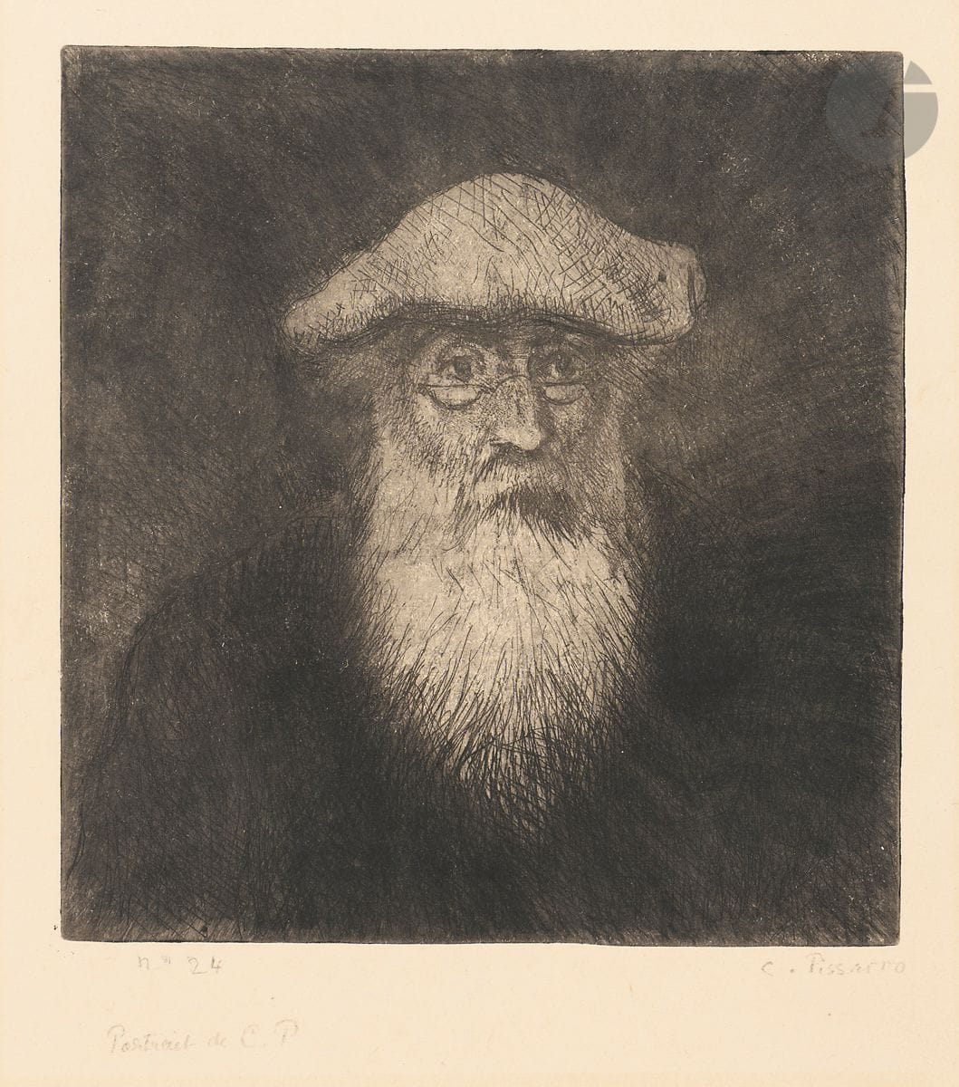 Camille Pissarro (1830-1903)
Camille Pissarro, par lui-même. Vers 1890. Eau-forte et pointe sèche sur zinc. 175 x 185. Delteil 90. Très belle épreuve sur vélin ivoire, numérotée « n° 24 » et signée au crayon puis titrée en pied « Portrait de C. P », anciennement et soigneusement lavée et réencollée, les inscriptions légèrement affaiblies. Une forte rousseur en marge droite. Trace très claire autour du sujet (d’un ancien montage). Belles marges, légèrement réduites [245 x 323]. Tirage à 28 épreuves du vivant de l’artiste. Tirage posthume à 22 épreuves.

 Provenance : ancienne collection Mme Georges Murat (industriel et homme politique, 1851-1918).