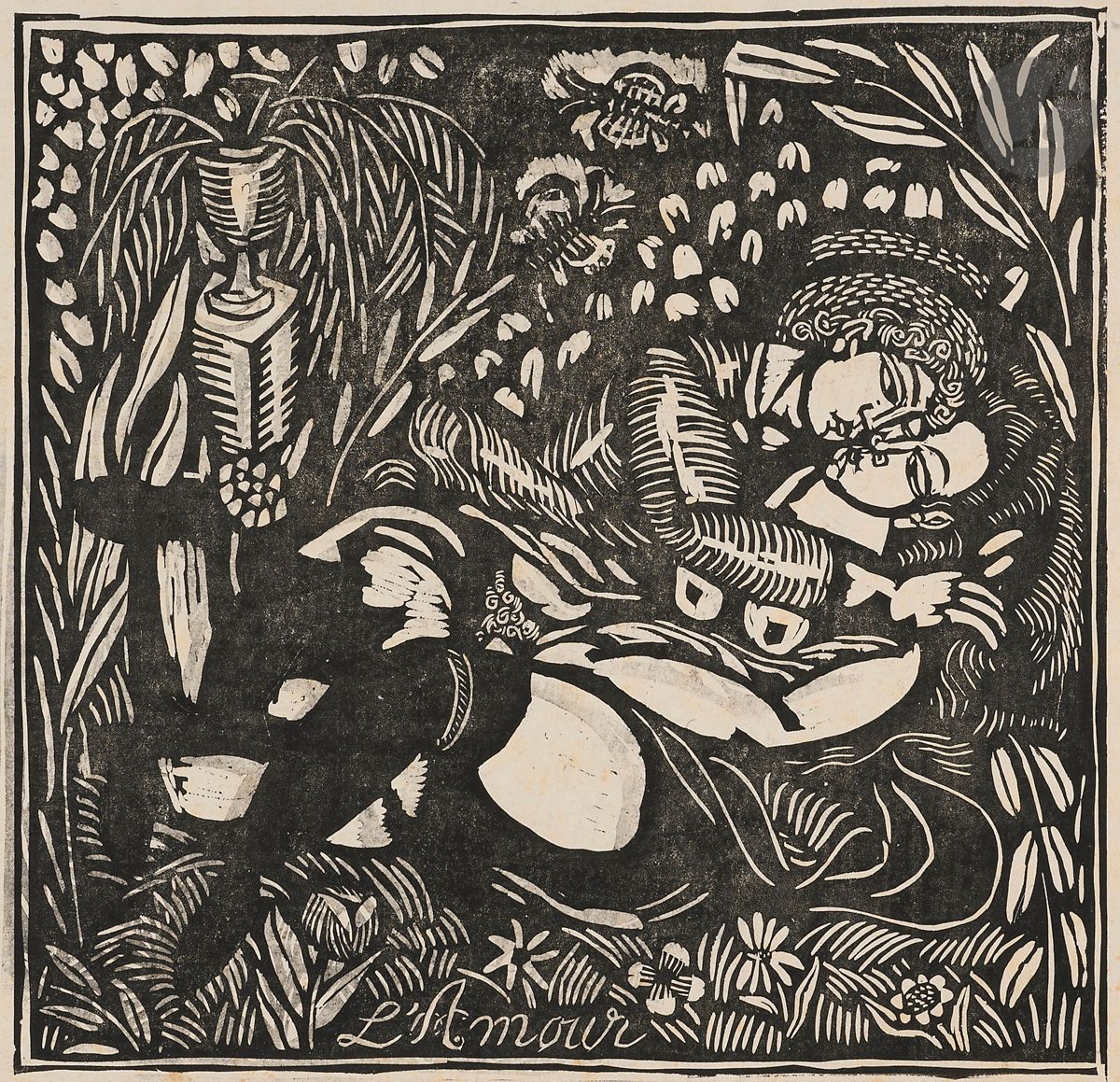 Raoul Dufy (1877-1953)
L’Amour. Vers 1906. Bois gravé. 312 x 304. Bonne épreuve d’essai sur chine volant, avec maculatures grises au bord gauche et dans le sujet. Rousseurs claires éparses. Long pli oblique médian et traces de plis aux bords du feuillet. Petit trou en marge droite. Toutes marges. 

 Provenance : succession Raoul Dufy