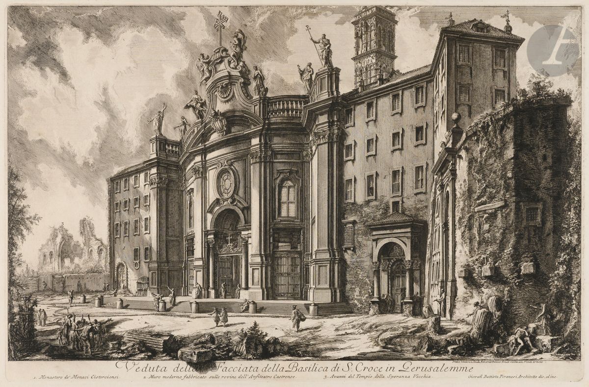 Giambattista Piranesi (1720-1778)
Veduta della Facciata della Basilica di S. Croce in Gerusalemme (Vue de la basilique Sainte-Croix). 1750. Eau-forte et burin. 615 x 403. Hind 11 (iv/vi). Très belle épreuve sur vergé fort, avant les numéros, le prix effacé. Numéro de folio 19 à la plume et à l’encre sépia dans l’angle supérieur droit. Pli de reliure vertical médian avec petit renfort en pied au verso. Infimes rousseurs. Bord gauche irrégulier, déchiqueté, avec petits trous d’onglets de reliure et manques. Grandes marges. 1er tirage parisien.