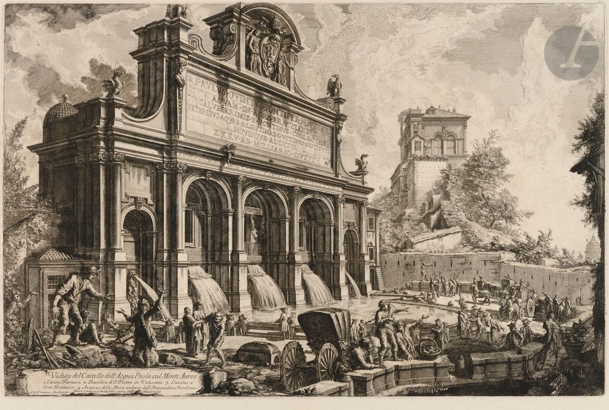 Giambattista Piranesi (1720-1778)
Veduta del Castello dell’Acqua Paola sul Monte Aureo (Fontaine de l’Acqua Paola). 1751. Eau-forte et burin. 612 x 400. Hind 21 (iii/v). Très belle épreuve sur vergé fort, avant les numéros, le prix effacé. Numéro de folio 37 à la plume et à l’encre sépia dans l’angle supérieur droit. Pli de reliure vertical médian avec petit renfort en pied au verso. Courte déchirure en pied. Infimes rousseurs. Bord gauche irrégulier, déchiqueté, avec petits trous d’onglets de reliure et manques. Grandes marges. 1er tirage parisien.
