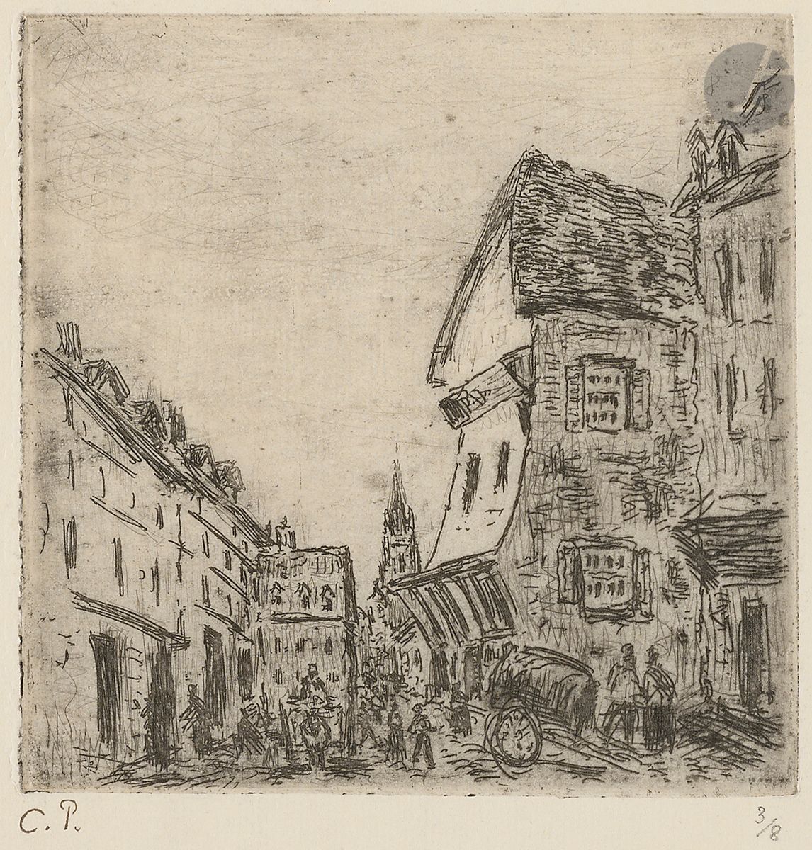Camille Pissarro (1830-1903)
Vieille rue à Rouen (rue Malpalue). 1883. Eau-forte. 120 x 121. Delteil 41. Très belle épreuve sur vergé mince, timbrée (Lugt 613e) et numérotée au crayon. Toutes marges. Tirage posthume à 8 épreuves.