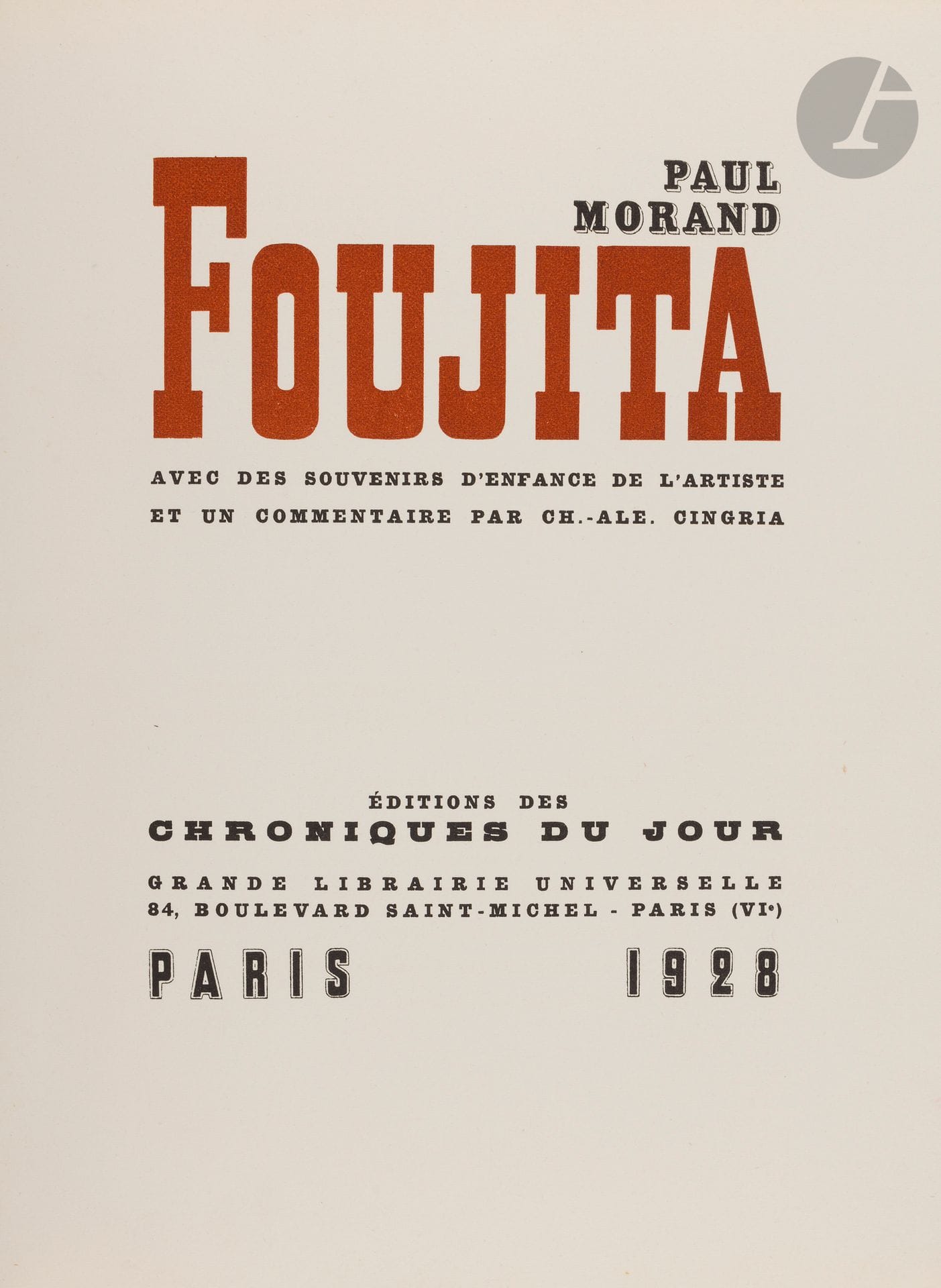 FOUJITA (Léonard) - MORAND (Paul).
Foujita, with childhood memories of the artist and a commentary by Ch.-Ale. Cingria.
Paris : Chroniques du jour, 1928. - In-4, 283 x 225 : XXVII pp, (4 ff. last 2 blank), 30 plates, printed cover. 

First edition of this interesting work dedicated to the painter FOUJITA, forming the 6th title of the collection "Les Maîtres nouveaux". It is illustrated with 35 black reproductions of the artist's works, including 5 full-page and 30 out-of-text.
Edition at 660 copies, this one is ONE OF THE FIRST 60 ON ARCHES PAPER, ENRICHED WITH AN ORIGINAL ENGRAVING SIGNED BY FOUJITA.
Some tears on the back. Browning from pages XVI-XVII and XVIII-XIX. The first plate is uncropped.