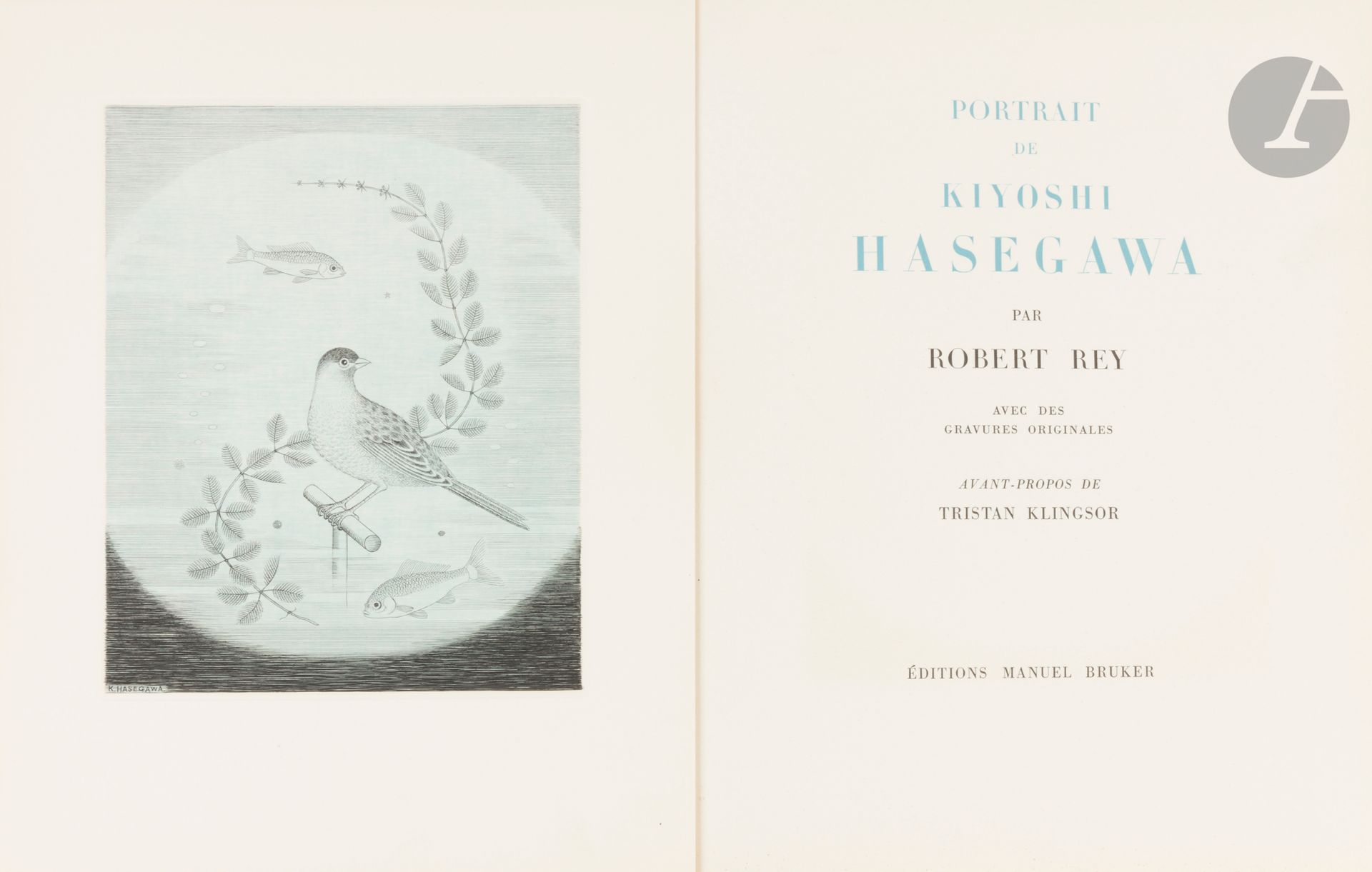 HASEGAWA (Kiyoshi) - REY (Robert).
Portrait de Kiyoshi Hasegawa par Robert Rey. Avant-propos de Tristan Klingsor.
S.l. : Manuel Bruker, [1963]. — In-4, 325 x 251 : (28 ff. 3 premiers et dernier blancs), couverture illustrée. En feuilles, couverture rempliée, rhodoïd.

Édition tirée à 200 exemplaires sur papier B.F.K. de Rives sur les presses de Daragnès, de cet ouvrage paru dans la collection des « Maîtres de la gravure contemporaine », consacré au peintre et graveur japonais Kiyoshi HASEGAWA (1891-1980).
Elle est illustrée de 10 gravures originales de l’artiste, dont une sur la couverture, une en frontispice, deux en tête de chapitre et six à pleine page. Cinq de ces gravures sont réalisées à la manière noire, technique qui fit la renommée d’Hasegawa.
Exemplaire nominatif, spécialement imprimé pour monsieur Jean Dodeman.
Manques au dos du rhodoïd.
Provenance :
Jean Dodeman.