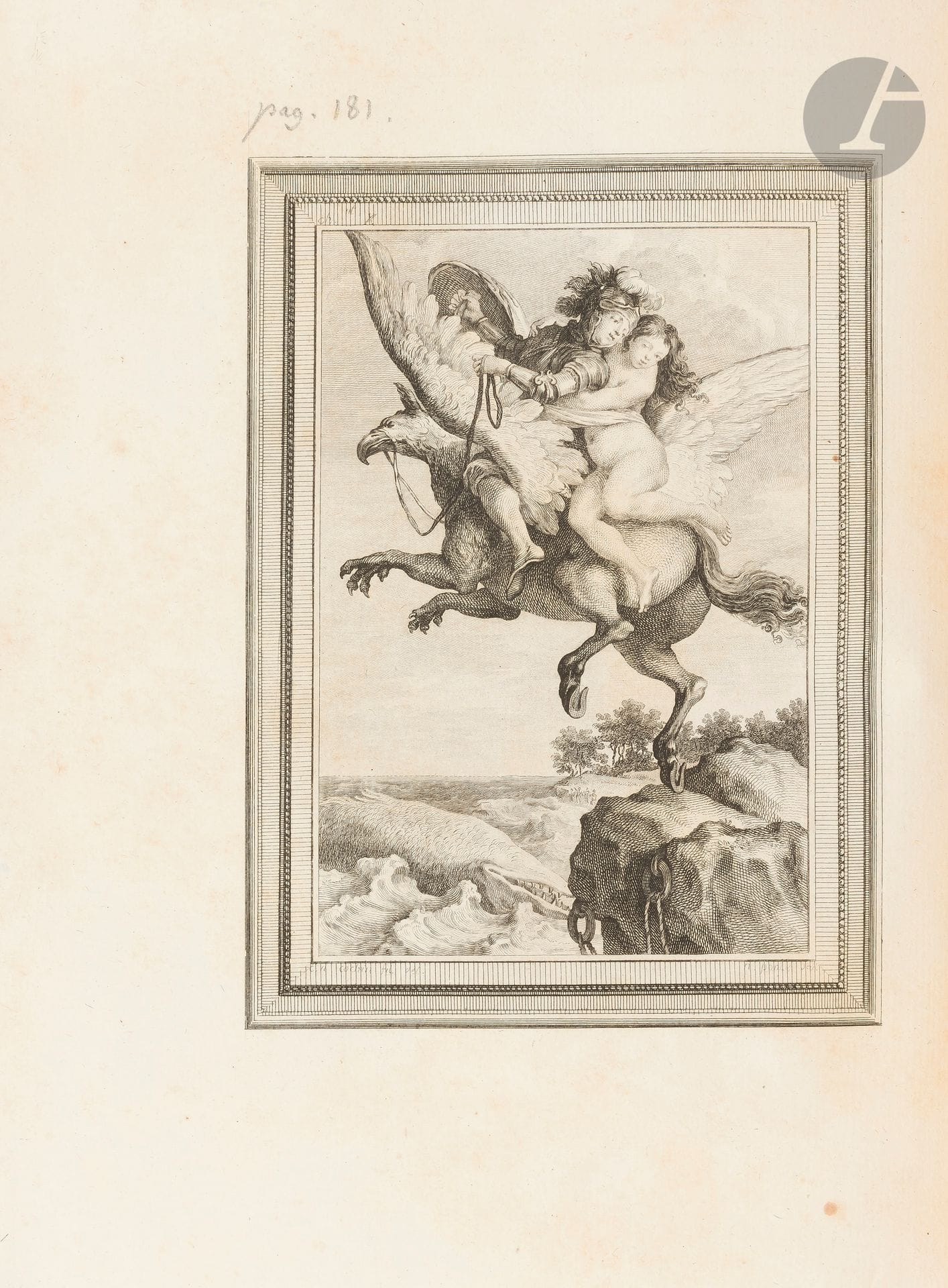ARIOSTE.
Roland furieux, poëme héroïque.
Paris : Brunet, 1775-1776 [Tomes 1 à 3] ; Paris : Laporte, 1783 [tome 4]. — 4 volumes in-4, 261 x 198 : portrait, (2 ff.), 222 pp., 24 planches ; (1 f.), pp. (223)-388, 22 planches ; frontispice, 283 pp., 23 planches ; frontispice, (2 ff.), pp. (287)-567, 21 planches. — Veau havane, roulette dorée en encadrement sur les plats, dos lisse orné, roulette dorée intérieure, tranches dorées (Gosselin).

Cohen, col. 97.
Belle édition dans la traduction de Louis Dussieux (1744-1805). Elle est illustrée de 46 planches gravées d’après les dessins de Cochin, faites exprès pour cette édition, avec des encadrements spéciaux qui ne sont pas présents dans l’édition in-8.
Exemplaire enrichi du portrait de l’Arioste gravé d’après Eisen et des 46 gravures réalisées pour l’édition italienne de Baskerville de 1773, gravées d’après les dessins de Cipriani, Cochin, Eisen, Greuze, Monnet et Moreau le jeune, le tout avec un nouveau cadre. Selon Cohen : « Les figures des chants V et XII ne sont plus les mêmes : les deux anciennes figures, jugées peu agréables, ont été redessinées avec grand soin par Moreau le jeune. »
Très bel exemplaire en RELIURE DU TEMPS SIGNÉE DE JEAN-BAPTISTE GOSSELIN. Son étiquette a été collée au verso de la première garde blanche du premier volume, indiquant l’adresse au 49 rue Saint Jacques à Paris. Le 9 a été modifié à l’encre pour être remplacé par un 1, indiquant par-là que les reliures ont été réalisées vers 1800, époque à laquelle il passa du 49 au 41.
Quelques traces de frottements et épidermures sans gravité. Rousseurs éparses et plusieurs feuillets brunis.
Provenance :
Chaulieu, avec ex-libris manuscrit daté de 1815.