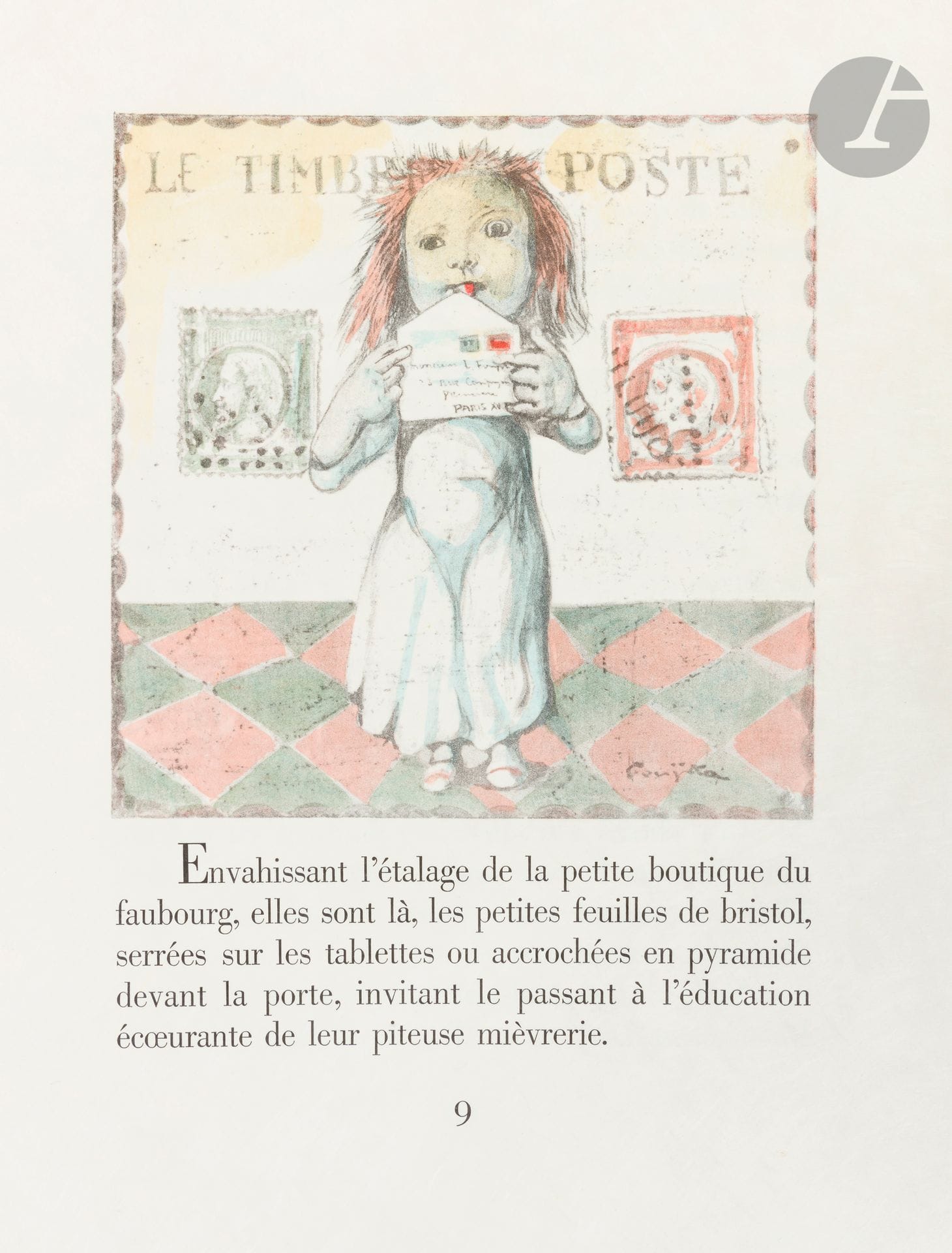 FOUJITA (Léonard).
La Mésangère.
[Bièvres : Pierre du Tartas, 1963]. — In-folio, 365 x 280 : (4 ff. premier blanc), III pp., pp. 9-85, (3 ff. dernier blanc), couverture illustrée. En feuilles, couverture rempliée, emboîtage en toile rouge de l’éditeur.

Superbe édition préfacée par Jean Cocteau, illustrée de 20 lithographies originales signées dans la planche de Léonard FOUJITA (1886-1968), dont trois à pleine page, une sur double page et seize à trois-quarts page.
Tirage à 261 exemplaires signés par l’artiste à la justification.
UN DES 41 PREMIERS EXEMPLAIRES SUR JAPON NACRÉ, celui-ci faisant partie des 30 sur ce papier comprenant une suite des lithographies sur vélin de Rives et deux soies en couleurs, ces dernières signées par Foujita. Les deux lithographies sur soie signées sont intitulées Linge et L’Académie française. Cette dernière ne figure pas parmi les illustrations du texte.
Les exemplaires sur japon nacré sont bien complets avec 20 lithographies. Les exemplaires sur vélin en comprennent 21.
Exemplaire très bien conservé.