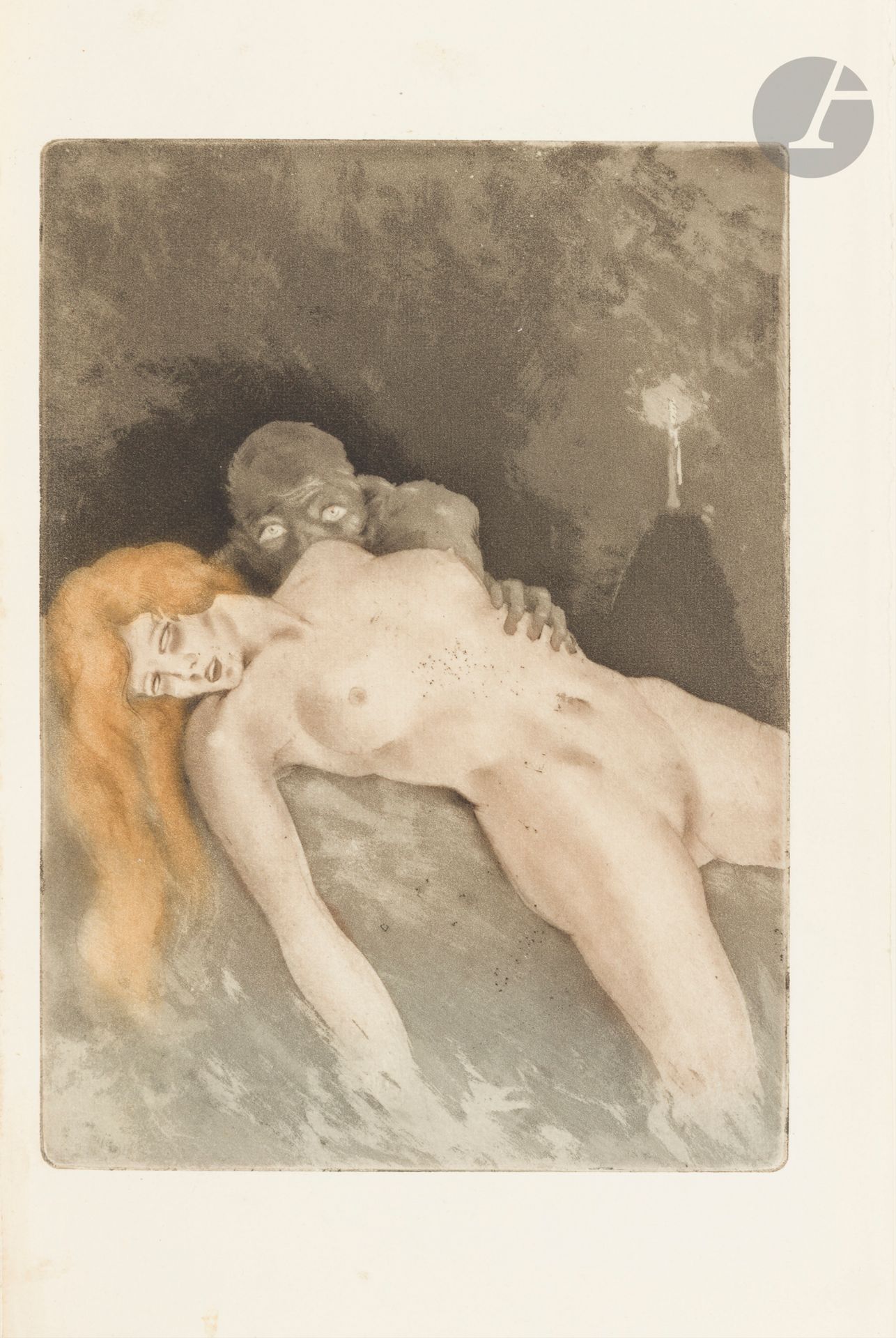 CHIMOT (Émile) - PATORNI (Aurèle).
Le Fou. Poèmes. Édition illustrée par Édouard Chimot.
Paris : Aux dépens des auteurs, [1921]. — Grand in-8, 278 x 178 : frontispice, 72 pp., (2 ff. dernier blanc), 5 planches, couverture imprimée. Maroquin gris-vert à la bradel, encadrement stylisé de trois filets dorés sur les plats, orné de feuilles de lierre mosaïquées aux coins, dos lisse orné dans le même esprit, encadrement de maroquin gris-vert, orné de trois filets dorés orné de feuilles de lierre mosaïquées aux coins, doublures et gardes de soie moirée grise, tranches dorées sur témoins, couverture conservée, étui (Farez).  

Édition originale de ce recueil de poèmes d’Aurèle Patorni (1880-1955) écrivain, journaliste et parolier, notamment connu pour ses convictions pacifistes.
L’illustration réalisée par Édouard CHIMOT (1880-1959), assez libre, est constituée de 6 bois gravés unicolores dans le texte ainsi que de 6 eaux-fortes hors texte, la plupart en couleurs, dont un frontispice, toutes protégées par une serpente légendée.
Tirage limité à 245 exemplaires, celui-ci un des 150 sur vélin d’Arches.
Charmant exemplaire dans une reliure mosaïquée de l’époque, signée de Farez, successeur de Carayon en 1909 qui exerça jusqu’en 1930.
Petits frottements sur le premier plat ainsi qu’en haut du dos. Dos légèrement passé.