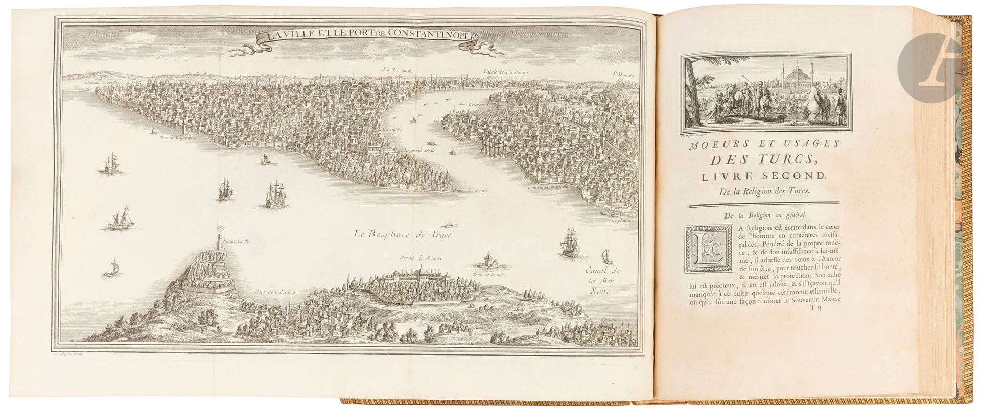 GUER (Jean-Antoine).
Moeurs et usages des turcs, leur religion, leur gouvernement civil, militaire et politique, Avec un abregé de l’Histoire Ottomane.
Paris : Coustelier, 1746 (tome 1) ; Paris : F.G. Merigot, Piget, 1747 (tome 2). — 2 volumes in-4, 290 x 210 : frontispice, (2 ff.), xxiv, 453 pp., (9 ff.), 12 planches ; frontispice, (1 f.), viij, 537 pp., (1 f.), 16 planches. Veau havane raciné, roulette dorée en encadrement sur les plats, dos à nerfs orné, tranches mouchetées (reliure de la fin du XVIIIe siècle).

Édition originale. 
Ce livre très populaire, d’une rédaction brillante, a été composé à partir de relations diverses : « j’ai regardé tout ce que ces Ecrivains ont dit comme d’excellens matériaux, dont je pouvois former un nouvel édifice ; & en présentant au Public un corps suivi & complet des Mœurs & usages des Turcs, j’ai osé me flatter de lui donner un ouvrage qui, sans être privé des agrémens de la nouveauté, réunit sous un même point de vûe différens objets séparés, & peut instruire un Lecteur de beaucoup de détails qu’il ignore » (page xj).
La popularité de l’ouvrage est également due à la très belle illustration gravée sur cuivre par Claude-Augustin-Pierre Duflos (1700-1786) d’après les compositions de François Boucher (1703-1770) et Noël Hallé (1711-1781). Elle comprend 2 vignettes de titre, 11 bandeaux, 10 culs-de-lampe, 10 lettrines, 2 frontispices et 28 planches figurant des scènes de moeurs, des costumes ainsi que des vues, dont celles de la ville, du port et du sérail de Constantinople.
Fentes aux charnières, frottements d’usage. Manque à la coiffe de tête du second volume. Traces d’humidité dans la marge du feuillet A2 du premier volume. Restauration ancienne au dos de la grande carte de la vue du grand sérail de Constantinople. Mouillures sur le bord du feuillet S3 dans le second volume. Rousseurs éparses et quelques feuillets roussis.
