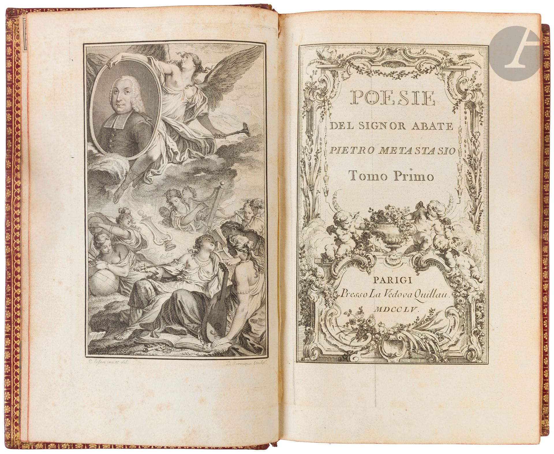 METASTASIO (Pietro).
Poesie del signor abate Pietro Metastasio.
Paris : Veuve Quillau, 1755 (tomes 1 à 9) ; Paris : G. C. Molini, 1769 (tome 10), 1783 (tomes 11 et 12). — 12 volumes in-8, 182 x 112 : frontispice, titre, cciv, 319 pp. ; titre, 464 pp. ; titre, 463 pp. ; titre, 463 pp. ; titre, 463 pp. ; titre, 459 pp., (1 f. blanc) ; titre, 459 pp., (1 f. blanc) ; titre, 460 pp., (1 f. blanc) ; titre, 468 pp., (2 ff.) ; titre, xxxij, 460 pp. ; titre, 3, 364 pp., (2 ff.), pp. 365-534 ; titre, 492 pp. Maroquin rouge, triple filet doré en encadrement sur les plats, dos lisse orné, roulette dorée intérieure, tranches dorées (Bradel).

Belle édition des œuvres de Pietro Metastasio, dédiée à la marquise de Pompadour. Elle est illustrée d’un frontispice gravé par Sornique d’après Charles Eisen, d’une jolie vignette non signée en tête de l’épître, et de 12 beaux titres gravés.
Précieux exemplaire sur grand papier, au format in-8, complet des trois derniers tomes imprimés par Molini en 1769 et 1783, qui manquent souvent. L’ensemble a été très joliment relié uniformément par l’un des membres de la famille Bradel. L’étiquette à son nom collée dans l’angle au verso de la première garde du premier volume, donne l’adresse « Rue St Jean de Latran No 9. Hôtel du Collège de France ». On sait que ce relieur exerça essentiellement au début du XIXe siècle.
Dos très légèrement éclaircis, quelques endroits ont été reteintés en rouge. Quelques rares griffures sans gravité. Petite coupure au dos du dernier tome. Dans le tome 7, restauration dans l’angle supérieur gauche du feuillet A1 et à l’angle supérieur droit du feuillet A4 avec atteinte au texte. Quelques rares rousseurs éparses.