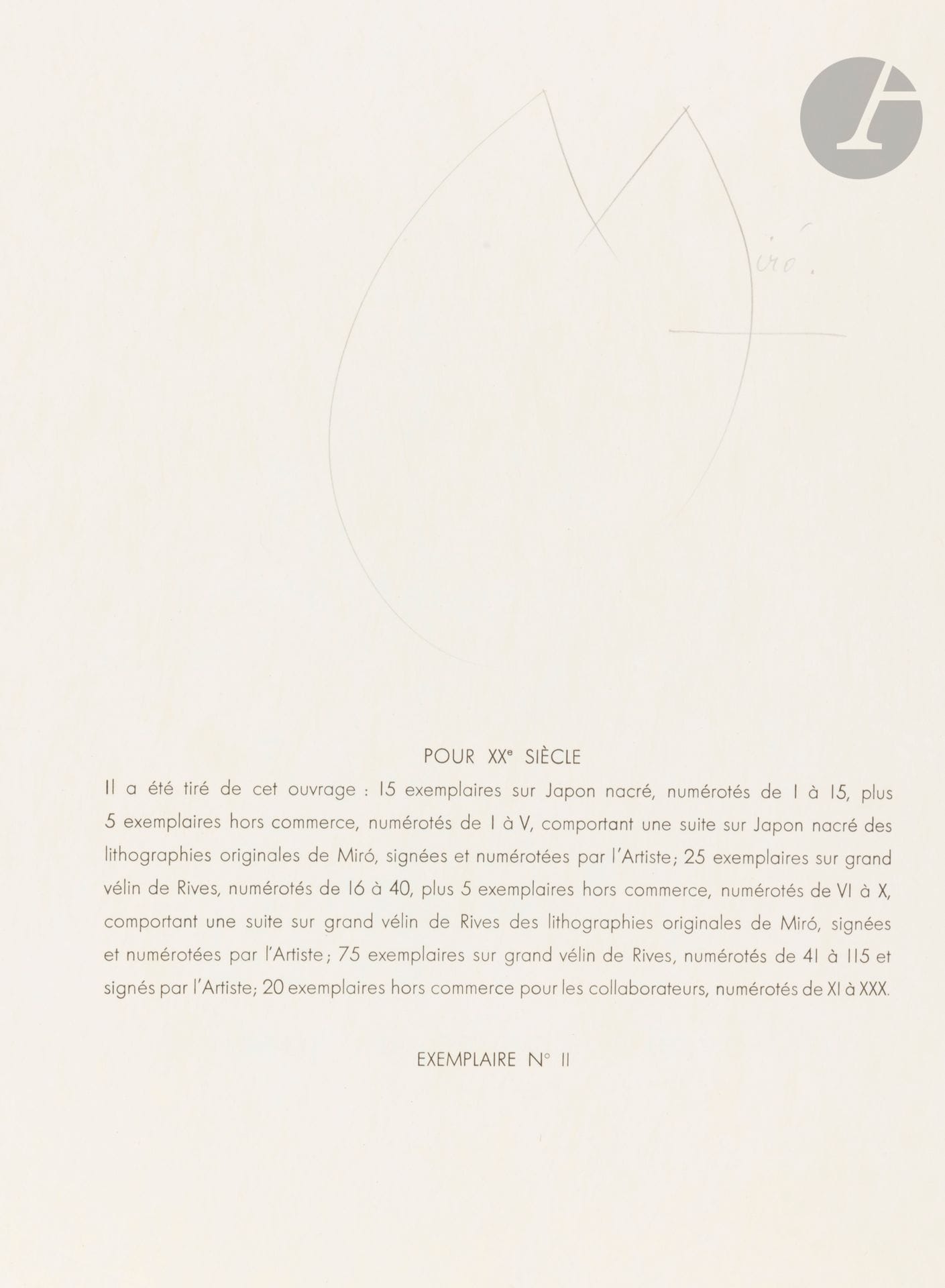 MIRÓ (Joan).
I work like a gardener. Foreword by Yvon Tallandier.
[Paris: XXe siècle, 1963]. - In-folio, 410 x 326: 60 pp, (4 ff. last blank), illustrated cover. In sheets, illustrated slipcase of the publisher.

First edition of the words of Joan Miró collected in January 1959 by Yvon Tallandier for the magazine XXe siècle. It is illustrated with 9 original lithographs by MIRÓ (1893-1983), including one on the slipcase, one on the cover and seven full-page lithographs, printed by Mourlot and unsigned.
Limited edition of 145 copies signed by the artist above the justification. This one is one of the 20 first copies on japon nacré, among the five hors commerce. It lacks as often the suite of lithographs numbered and signed by the artist.
Some wear to the slipcase.