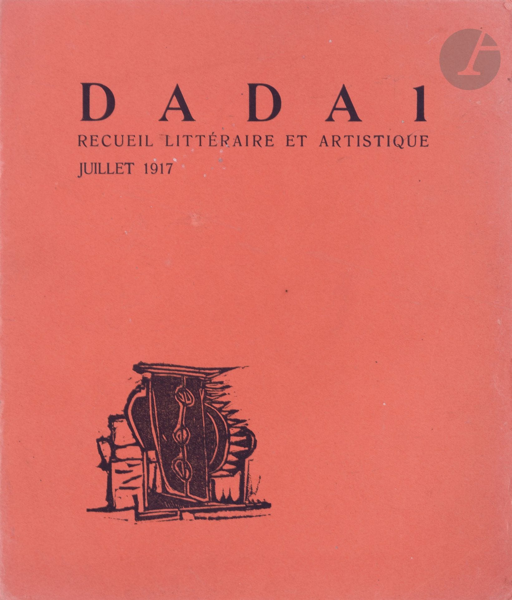 [REVIEW].
Dada 1. Literary and artistic collection.
[Zurich : impr. J. Heuberger], July 1917. - Brochure in-8, 232 x 196; (9 ff.), illustrated cover. Stapled.

First issue only, out of eight published, of this famous Dada magazine directed by Tristan Tzara, which marked a major turning point in contemporary literature.
Texts by Tristan Tzara, Alberto Savinio, Nicola Moscardelli and full page illustrations by Janco, Arp, Lüthy and Prampolini. The first cover is illustrated with a wood by Hilla de Rebay.
A very well preserved copy. The last leaf is flying.
Tears on one edge of the last leaf, without affecting the text.
