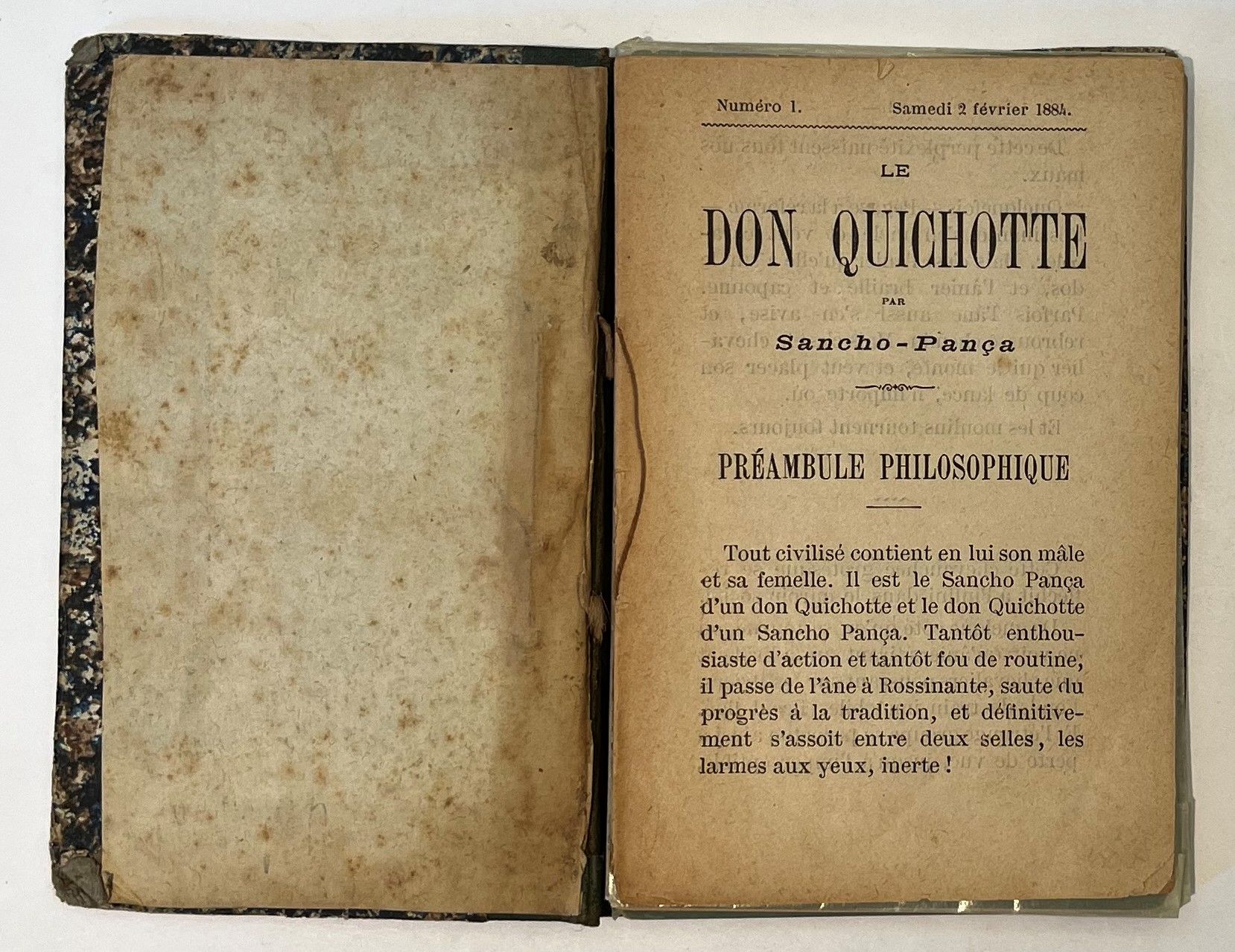 DON QUIXOTE BY SANCHO-PANÇA
Weekly pamphlet by Émile Bergerat
N° 1, Saturday, February 2, 1884. Paris, Director-Manager : Émile Bergerat. Becomes Le Sancho-Pança by Don Quixote :
THE SANCHO-PANÇA BY DON QUICHOTTE
Appearing every Saturday
N° 2, Saturday February 9, 1884-N° 4, Saturday February 23, 1884. Continuation of the Don Quixote by Sancho-Pança. Changed of title because it was published at the time in Bordeaux a valiant small illustrated newspaper named Le Don Quichotte. 4 numbers in 4 deliveries in-16 bound. The n° 1 and 4 are without covers.