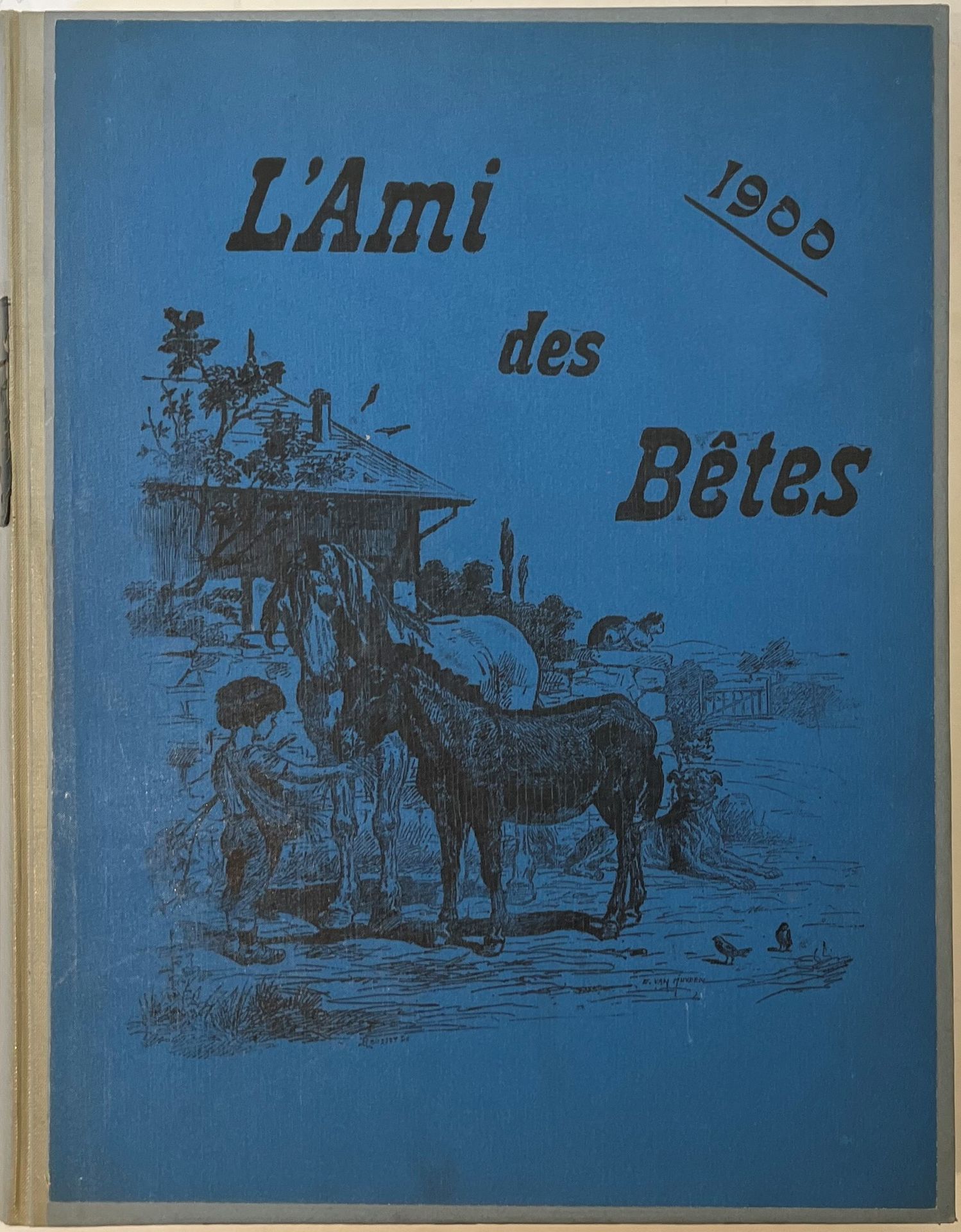 L’AMI DES BÊTES
Journal illustré mensuel
1ère année : n° 1, février 1899-n° 12, janvier 1900 ; 2e année : n° 1, février 1900-n° 11, décembre 1900 ; 3e année : n° 1, janvier 1901-n° 12, décembre 1901 ; 4e année : n° 1, janvier 1902-n° 5, mai 1902. Paris, Directrice-Rédactrice en chef : Adrienne Neyrat. Textes de Maurice Bouchor, Léon Cladel, Alfred des Essarts, Anatole France, Charles Fuster, Urbain Gohier, Paul Hervieu, Clovis Hugues, Marc Legrand, Jules Lemaître, Pierre Loti, Paul Margueritte, Victor Margueritte, Octave Mirbeau, Adrienne Neyrat, Jules Renard, Séverine, Armand Silvestre, Baron de Vaux, Émile Zola (Lettre), etc. Illustrations de Léon Barillot, Job, Mucha, Steinlen. Couverture illustrée par Auguste Vimar. 40 numéros en 39 livraisons en 1 vol. in-folio relié (avec sur le 1er plat une illustration imprimée sur toile qui recouvrait une reliure d’éditeur). Notes manuscrites de Vasseur (3 ff.). Joint : – 2 L.A.S. de Henri Mitterand à André Vasseur (1968), à propos d’une lettre et d’un texte d’Émile Zola parus dans L’Ami des Bêtes ; – 1 carte postale reproduisant la couverture du journal La Tribune des Bêtes.
L’Ami des Bêtes a été fondée dans un but de propagande et pour répandre les idées de justice et de bienveillance envers les animaux. Plaidant éloquemment la cause des bêtes, la revue est entièrement consacrée aux animaux, à leur défense, à l’amitié et l’affection qu’on doit leur porter, à leur vie, leur « esprit » » et leur « cœur ».