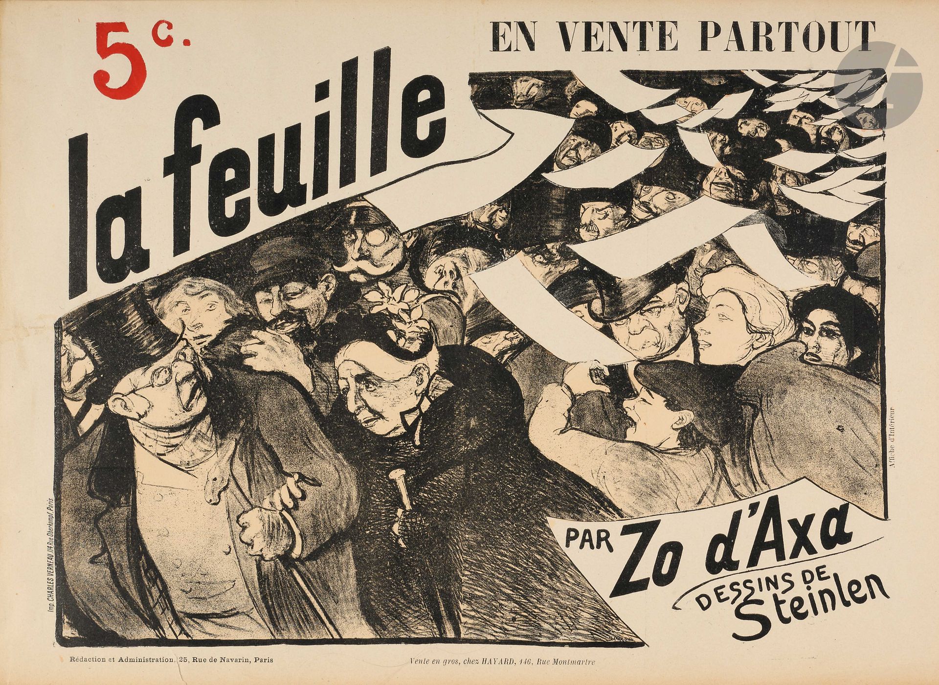 LA FEUILLE
Par Zo d’Axa
N° 1, 6 octobre 1897-n° 25, 28 mars 1899. Paris, Rédaction : Zo d’Axa.  Textes de Zo d’Axa. Dessins en noir et en couleurs, en pleine page, de Anquetin, Couturier, Hermann-Paul, C. Léandre, Maximilien Luce, Steinlen, Willette. Collection complète. 25 numéros en 25 livraisons en 1 vol. in-folio relié avec la couverture générale. Joint : – 15 lithographies originales (épreuves avant la lettre) : 1 de Couturier, 2 de Hermann-Paul, 12 de Steinlen ; – 1 grande affiche : « À toute occasion 1 feuille – La Vivante » ; – 2 affiches d’intérieur pour le lancement de La Feuille ; – 1 grand portrait de Zo d’Axa ; – Quelques pages extraites de La Plume, n° 258/259 (janvier-février 1900), contenant un article de Henry de Bruchard sur Zo d’Axa intitulé « Une Volonté » ; – 17 pages dactylographiées reproduisant un article sur Zo d’Axa publié dans La Revue anarchiste (1930) ; – Le bon à tirer d’un pamphlet de A. Dassonville publié dans sa revue Le Brûlot, citant des passages d’un article de Zo d’Axa dans le n° 2 de La Feuille ; – 1 dessin (épreuve imprimée) pour illustrer Feuillets de route de Zo d’Axa ; – Le n° 21 des Hommes du Jour (20 août 1921), consacré à Zo d’Axa.