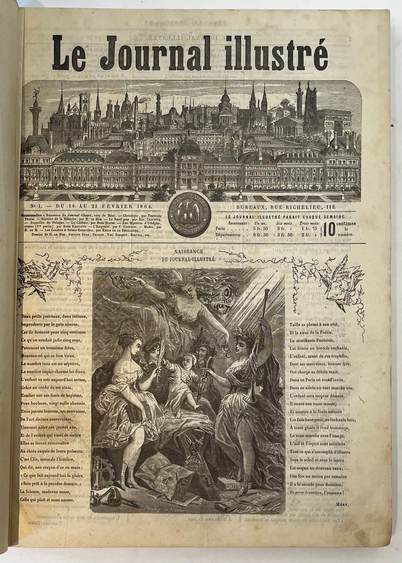 LE JOURNAL ILLUSTRÉ
N° 1, 14 /21 février 1864-n° 65, 7 / 14 mai 1865. Paris. Textes de Émile de la Bédollière, Eugène Chavette, Victor Cochinat, Alexandre Dumas, Théophile Gautier, Méry, Jules Moinaux, Charles Monselet, Anne Radcliffe, Timothée Trimm, Maurice Wolff, etc. Illustrations de Gustave Doré, Gustave Janet, Henry de Montaut, Provost, Riou, etc. 65 livraisons en 1 vol. in-folio relié (reliure frottée).
