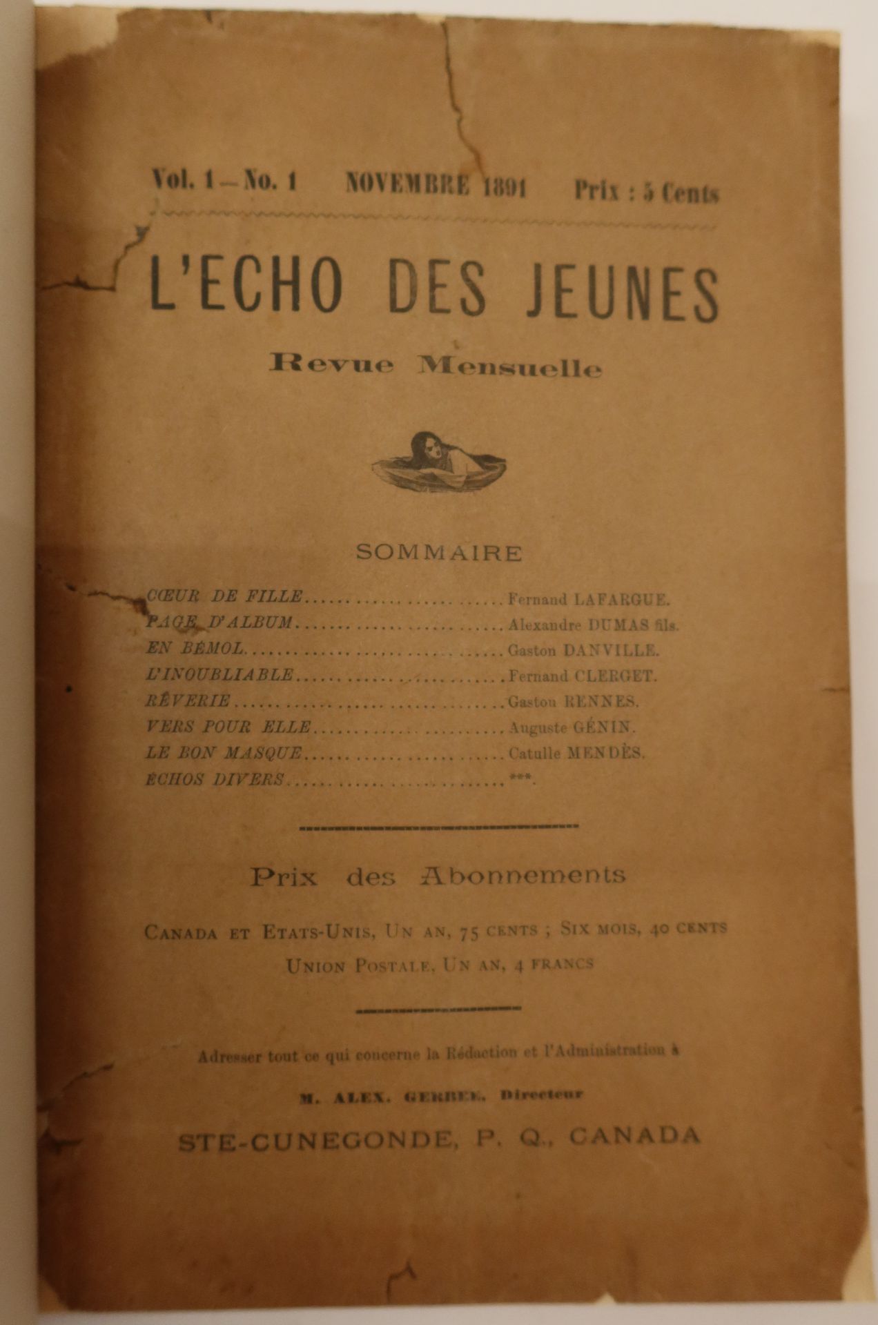 THE ECHO OF YOUTH
Monthly magazine
N° 1, November 1891-N° 15, February 1895. Sainte-Cunégonde (Canada), Director : Alex Gerbée. Texts of George Auriol, Émile Blémont, Paul Bourget, Fernand Clerget, Alexandre Dumas fils, Charles Fuster, Edmond Haraucourt, José-Maria de Heredia, Catulle Mendès, Paul Redonnel, Jules Renard, René Tardiveau [René Boylesve], Paul Verlaine, Gabriel Vicaire, Émile Zola, etc. Complete collection. 15 numbers in 15 issues in 1 vol. in-8 bound (covers preserved). Handwritten notes by Vasseur (2 ff.). Joined : - Paul Redonnel's membership card of the Association des secrétaires de rédaction des Journaux et Revues français (with photograph) ; - Portraits of José-Maria de Heredia, Catulle Mendès, Paul Verlaine, Émile Zola, Jules Renard, Paul Bourget, Edmond Haraucourt, Alexandre Dumas fils, Émile Blémont ; - The menu of the banquet offered to Gabriel Vicaire on February 2, 1892.
Copy from the library of Paul Redonnel.