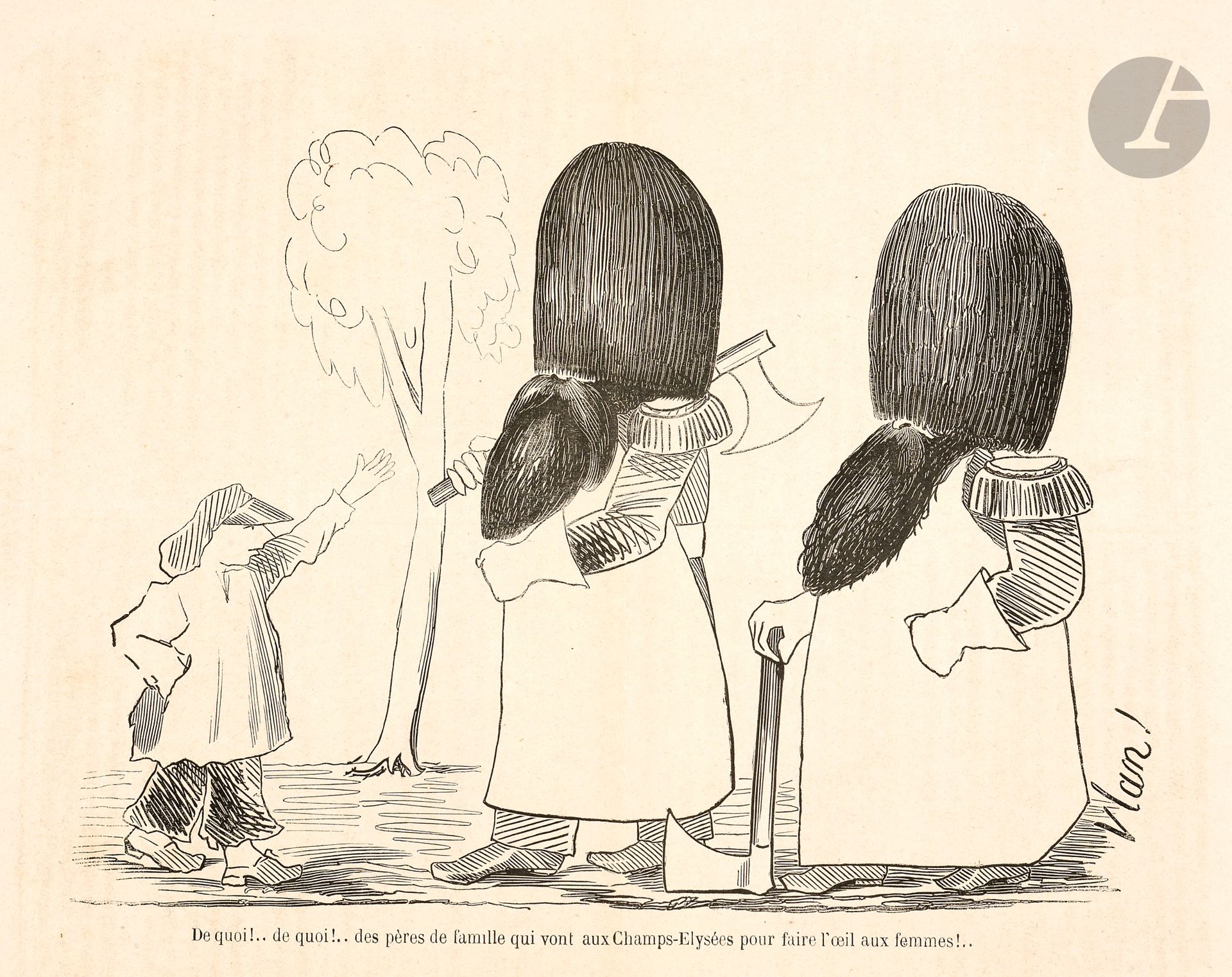 THE PAMPHLET
Illustrated daily newspaper
No. 1, Wednesday, May 24, 1848-No. 40, August 6/9, 1848. Paris, Director-Manager : Tivoly fils, then A. Herr. Texts by Amédée Achard (under the name of Grimm), Théodore de Banville (under the name of Fr. Villon), Champfleury, Paul Féval (under the signature " Un ouvrier sans ouvrage "), G. de Lalandelle, Charles Monselet, H. Murger, A. Vitu, etc. Satirical illustrations engraved on wood (h.-t. for the first 5 issues, in-text thereafter). 5 issues in-4 and 35 issues in-folio in 1 vol. in-folio bound. Joint : - 1 issue of the Musée des Deux-Mondes on the Salon of 1876.