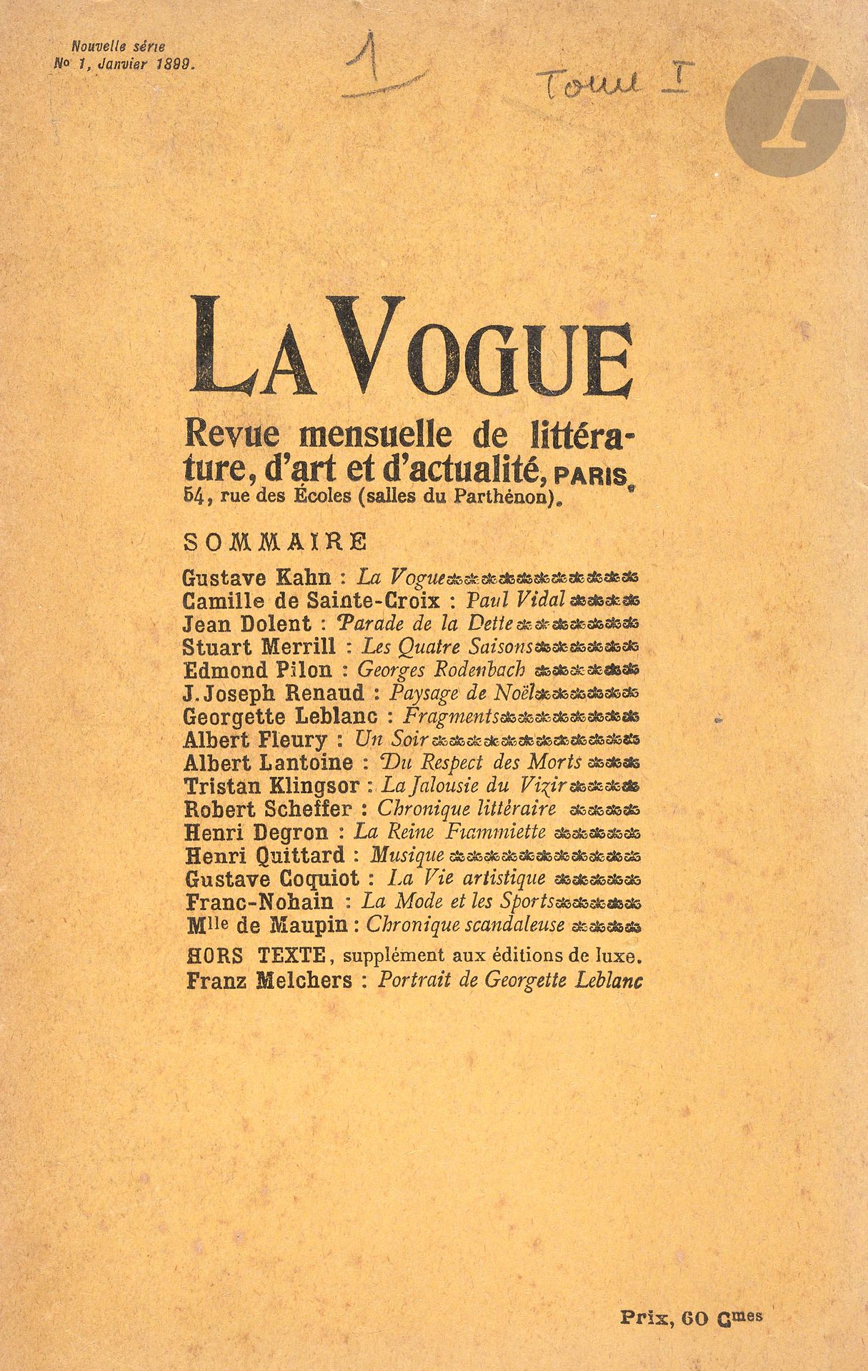 LA VOGUE
1st year (or 1st series): Volume I: n° 1, April 4, 1886 and n° 1, April 11, 1886-no. 12, July 12/19, 1886; Volume II: n° 1, July 19/26, 1886-no. 12, October 4/11, 1886; Volume III: n° 1, October 11/18, 1886-no. 10, December 20/27, 1886; 2nd year (or 2nd series): Volume IV: n° 1, July, 1889-no. 3, September, 1889; 3rd series: n° 1, January, 1899-no. 30, July 1901. Paris, Directors : Léo d'Orfer until vol. 1, n° 5 (May 13, 1886), then Gustave Kahn until 1889, then Tristan Klingsor from 1899 to 1901. Successive subtitles: "Artistic, scientific &amp; social", then "Monthly review of literature, art and current affairs". For the 1st year, there were three n° 1 of different version or composition: a n° 1 with an unknown date of publication, a n° 1 dated of April 4, 1886, a n° 1 dated of April 11, 1886 (the true n° 1). The first two were not put in the trade. The one of April 4 contains, unsigned : "La Meule" of Jules Renard while the one of April 11 does not contain this news anymore. Texts of Paul Adam, Dostoïevsky, Édouard Dujardin, Félix Fénéon, René Ghil, Charles Henry, J.-K. Huysmans, Gustave Kahn, Jules Laforgue, Pierre Louÿs, Stéphane Mallarmé, Stuart Merrill, Jean Moréas, Charles Morice, Léo d'Orfer, Arthur Rimbaud, Paul Verlaine, Charles Vignier, Villiers de l'Isle-Adam, Walt Whitman, Teodor de Wyzewa, etc. Jointly: For the 1st series, gathered and bound in 1 separate volume: - 2 invoices of the printing house A. Retaux; - 1 autograph card of Jules Renard (1891) relating to the forgery n° 1 of La Vogue; - 1 clipping of the newspaper Opéra (October 25, 1950): article of Romi entitled " X, c'est moi signé Jules Renard " about the above card of J. Renard; - 1 L.A.S. of Jules Renard (undated but around 1886, Renard was a military man) addressed to Leo d'Orfer in which it is question of "La Meule"; - 3 L.A.S. from Gustave Kahn (1886 and 1887) in which La Vogue is mentioned; - 1 autograph copy of a letter from Édouard Dujardin (20/7/1886) in which La Vogue and Jules Laforgue are mentioned; - 1 L.A.S. from Jean Lorrain (April 28 [1886]) addressed to Léo d'Orfer: it is about the "Thé chez Miranda" with appreciations on Paul Adam; - 1 postcard from Jules Laforgue to Teodor de Wyzewa (July 22 1887); - 3 L.A.S. from the booksellers A. Soirat, H.A. Kramers &amp; Fils and J.M. Soubiron asking for collections of La Vogue; - 1 L.A.S. from Charles Vignier asking for the collection of La Vogue; - 1 postcard from Stuart Merrill (08/1/1889) to Gustave Kahn where La Vogue is quoted; - 1 L.A.S. from T. de Wyzewa (27/8/1887) to Édouard Dujardin where the death of Jules Laforgue is mentioned; - 1 visiting card from T. de Wyzewa with some amusing lines to the address of Édouard Dujardin; - 1 L.A.S. from André Malraux (24/10/1920) which gives an information concerning a possessor of La Vogue; - 1 L.A.S. from Saint-Pol Roux (14/2/1936) about the Fiftieth Anniversary of Symbolism; - 1 photograph (original photograph, Dresden, 1886) of Édouard Dujardin; - 1 photograph of "Verlaine at the café" by Dornac, from the collection "Nos contemporains chez eux", bearing in Verlaine's handwriting: "Paul Verlaine at the café François 1er, Paris, 1892"; - 1 photograph of J.-K. 1 photograph of J.-K. Huysmans (collection "Nos contemporains chez eux"); - 1 photograph (original cliché) of Villiers de L'Isle-Adam; - Portraits of Jules Renard, Stéphane Mallarmé, Arthur Rimbaud, Edmond de Goncourt, Émile Verhaeren, Paul Bourget, Jean Lorrain, Jean Moréas, Félix Fénéon, Gustave Kahn ; - A photo reproduction of a painting grouping Verlaine, Villiers de L'Isle-Adam, Rachilde, Laurent Tailhade, etc. The announcement of the death of Paul Verlaine and that of Léo d'Orfer ; - 4 pages extracted from La Vogue (1899) tracing the history of the magazine from 1886 ; - 12 pages extracted from Promenades littéraires by Remy de Gourmont, chapter entitled " La Vogue ". In the 2nd series: - 1 visiting card from Adolphe Retté (1888) to [Édouard Dujardin] with a few handwritten lines; - 1 autograph bill from Gustave Kahn (1889) to Édouard Dujardin: it is about the "Seconde Vogue"; - 1 L.A.S. from Léon Hennique (s.d.) to Gustave Kahn: it is about the "Seconde Vogue"; - 1 L.A.S. from Jean Thorel (n.d.) to Gustave Kahn ; - 1 L.A.S. from Georges Vanor (1888) to [Édouard Dujardin] ; - Portraits by Vallotton of : Gustave Kahn, Adolphe Retté, Paul Adam, Francis Vielé-Griffin, Henri de Régnier, Félix Fénéon, Jean Lorrain ; - 4 pages extracted from the Bulletin of the Friends of Adolphe Retté (1956) : it's a biography of A. Retté ; - 2 L.A.S. to André Vasseur (1967).
The 1st series is on imitation Japan (whose edition was limited to 5 copies), except for Volume I : n° 3, 5 and 8, Volume III : n° 9. There was no edition on imitation Japan for the n° 1 of April 4, 1886.
The 1st series is complete in 3 vol. in-12 bound (covers preserved) under slipcase; The 2nd series is complete in 1 vol. in-12 bound under slipcase + handwritten notes of Vas
