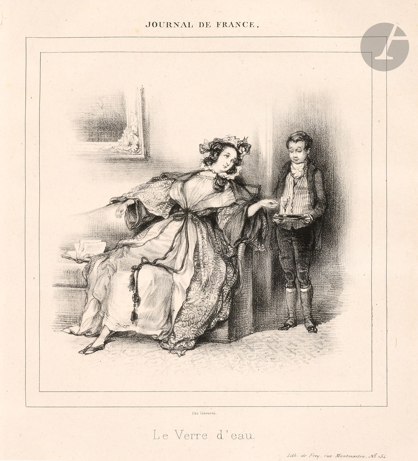 JOURNAL DE FRANCE
N° 1, 1er octobre 1833-n° 29, 9 décembre 1833.
Textes de Gavarni, Alphonse Karr, Ch. Lafont, E. Roger de Beauvoir, Horace de Viel-Castel. De nombreux articles sont anonymes ou signés d’initiales. 10 lithographies hors-texte dont 4 de Gavarni. Complet de toutes les lithos annoncées sauf le Portrait de Henri V dans le n° 11 (24 octobre 1813) qui ne fut servi qu’aux abonnés. Dans le n° 15 (5 novembre 1833), il manque les pages 169 à 172. Collection complète. 29 numéros en 29 livraisons en 1 vol. in-4 relié. Joint : – Correspondance avec la librairie Blaizot (1976) et Correspondance avec O. de Messière (1970). D’après Hatin, Journal de France serait la suite de Bagatelle : journal de la littérature, des Beaux-Arts et des théâtres (n° 1, 22 septembre 1932-n° 32, 26 septembre 1833). Nombreuses rousseurs.