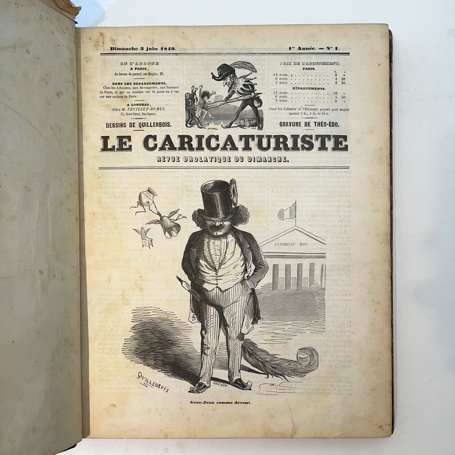 LE CARICATURISTE
Revue drolatique du dimanche
N° 1, 3 juin 1849-n° 57, 30 juin 1850. Paris, Rédacteur en chef : A. de Bragelonne. Textes de Eugène Briffaut, Alphonse Karr, Charles Monselet, Charles Schiller, Anaïs Ségalas, Auguste Vitu, etc. Illustrations de Quillenbois. Collection complète. 57 livraisons en 1 vol. in-folio relié. Le n° 2 est en double. Quelques rousseurs.