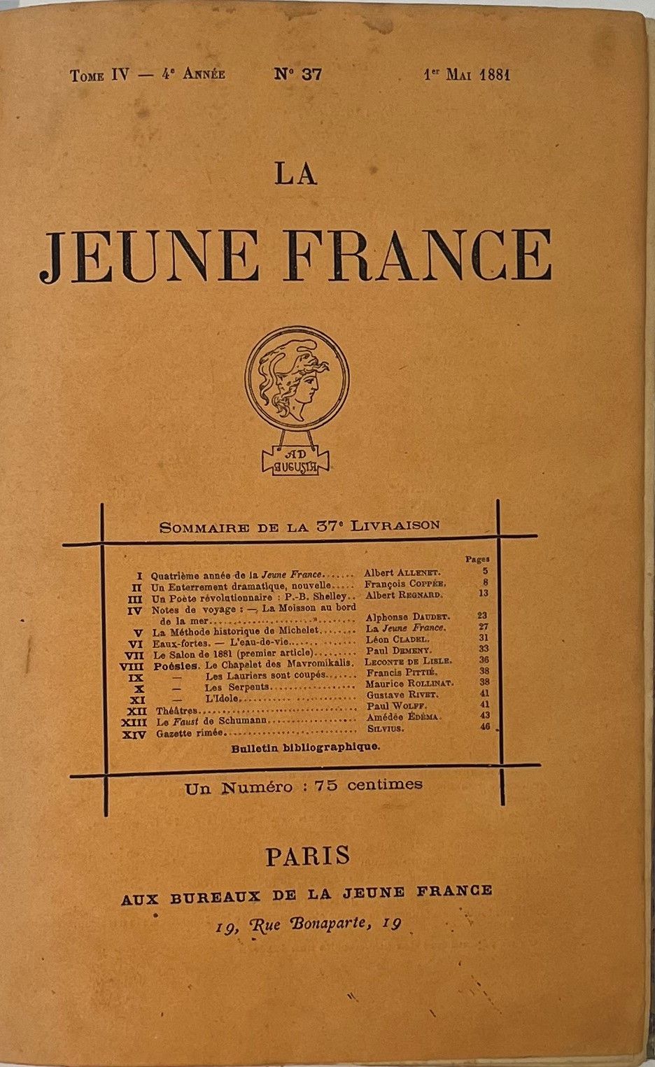 LA JEUNE FRANCE
Paraissant le 1er de chaque mois
N° 1, 1er mai 1878-n° 116, 15 avril 1888. À partir du n° 113 le titre devient : La Jeune France, Revue libre. Devient La Revue libre à partir du n° 116 ; celle-ci a continué la numérotation de La Jeune France et a duré jusqu’en septembre 1888, avant de fusionner avec La Revue Indépendante le 1er novembre 1888. Paris, Aux Bureaux de La Jeune France, Directeurs : Albert Allenet, puis Paul Demeny, Secrétaires de rédaction : Albert Dègre, puis Paul Demeny, puis Émile Michelet, puis Rodolphe Darzens. Textes de Jean Aicard, Jean Ajalbert, Paul Arène, Maurice Barrès, Charles Baudelaire, Paul Bourget, Robert Caze, Félicien Champsaur, Léon Cladel, Jules Claretie, François Coppée, Rodolphe Darzens, Alphonse Daudet, Léon Dierx, Emmanuel des Essarts, Anatole France, André Gill, Albert Glatigny, Stanislas de Guaita, J.-M. de Heredia, Ernest d’Hervilly, Victor Hugo, Georges Izambard, Henri de Lacretelle, Leconte de Lisle, Jean Lorrain, Catulle Mendès, Émile Michelet, Charles Morice, Nadar, Camille Pelletan, Edgar Poe (traduit par Albert Allenet), Jean Rameau, Louis Ratisbonne, Georges Rodenbach, Maurice Rollinat, Armand Silvestre, Sully Prudhomme, Laurent Tailhade, Octave Uzanne, Émile Verhaeren, Eugène Vermersch, Gabriel Vicaire, Villiers de l’Isle-Adam (Axel), Émile Zola, etc. Collection complète. 116 numéros en 116 livraisons en 10 vol. in-8 reliés (couvertures conservées). Le 1er vol. est bien complet du frontispice de Félix Régamey représentant les collaborateurs de La Jeune France. Notes manuscrites de Vasseur (11 ff.). Joint : – La Revue libre, n° 117, mai 1888 ; Dans le Tome 1 : – 3 pages extraites du Bulletin des Amis de Maurice Rollinat (n° 5, avril 1965), dans lesquelles La Jeune France est citée ; Dans le Tome 2 : – 2 affiches de propagande pour la 2e année avec un poème signé L.V. [Léon Valade], une sous forme de maquette, l’autre dans son état définitif ; Dans le Tome 3 : – 1 L.A.S. de Albert Allenet (17 mai 1881) concernant des frais de recouvrement qu’un abonné ne veut pas payer et annonçant l’envoi du frontispice ; Dans le Tome 6 : – 1 affiche de propagande pour la 6e année de la revue ; – Le faire-part du décès de Albert Allenet (inséré dans le n° 68, 1er décembre 1883) ; Dans le Tome 9 : – L.A.S. de Jules Mayet (6/2*1887) à Alfred Morin faisant part d’un grand désarroi dans la revue à la suite de la mort de son administrateur M. Léon Laloux (insérée dans le n° 102, janvier 1887) ; Dans le Tome 10 : – 1 L.A.S. de Jules Mayet, administrateur de La Jeune France sur papier à en-tête de la revue donnant la nouvelle adresse de la revue (insérée dans le n° 108, août 1887).