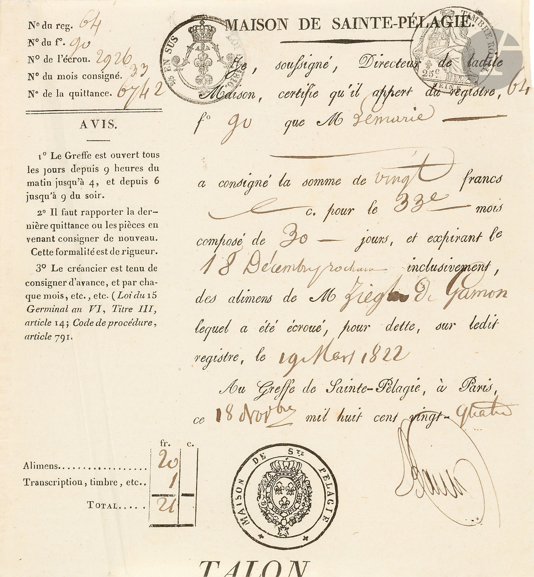 PÉLAGIE LA SAINTE
Édité par les soins du Journal « la France »
N° unique, 1889. Directeur : Pillard d’Arkaï. Textes de Paul Adam, Paul Bonnetain, Simon Boubée, Léon Cladel, Camille Dreyfus, Ch. Gilbert-Martin, Victor Hugo, Camille Lemonnier, Maurice Mac-Nab, Louise Michel, Félix Pyat, Rachilde, Xavier Raspail, Jean Richepin, Henri Rochefort, Laurent Tailhade, Émile Zola, etc. Illustrations de Ch. Clérice, Ch. Gilbert-Martin, Alfred Le Petit, Eugène Rapp. 1 vol. in-folio relié. Joint : – Un autre numéro unique un peu différent de celui relié ci-dessus ; – 1 reçu d’écrou à Sainte-Pélagie ; – Le n° 117 de Le Monde pour rire du 24 mai 1870 avec un dessin de Pilotell représentant la Cour des politiques à Sainte-Pélagie ; – Le n° 50 de La Charge du 23 juin 1889 avec un texte d’Alfred Le Petit : « Nouveau règlement de Sainte-Pélagie à l’usage des détenus politiques » ; – Pages extraites de L’Artiste : « Sainte-Pélagie, en 1832 » par Gérard de Nerval ; – Pages extraites de La Revue des Deux mondes : « Les Prisons de Paris » par Maxime du Camp (1er octobre 1869) ; – Le livre de Émile Couret : Histoire complète de la prison politique de Sainte-Pélagie depuis sa fondation jusqu’à nos jours (Paris, Ernest Flammarion, Éditeur, 1896).