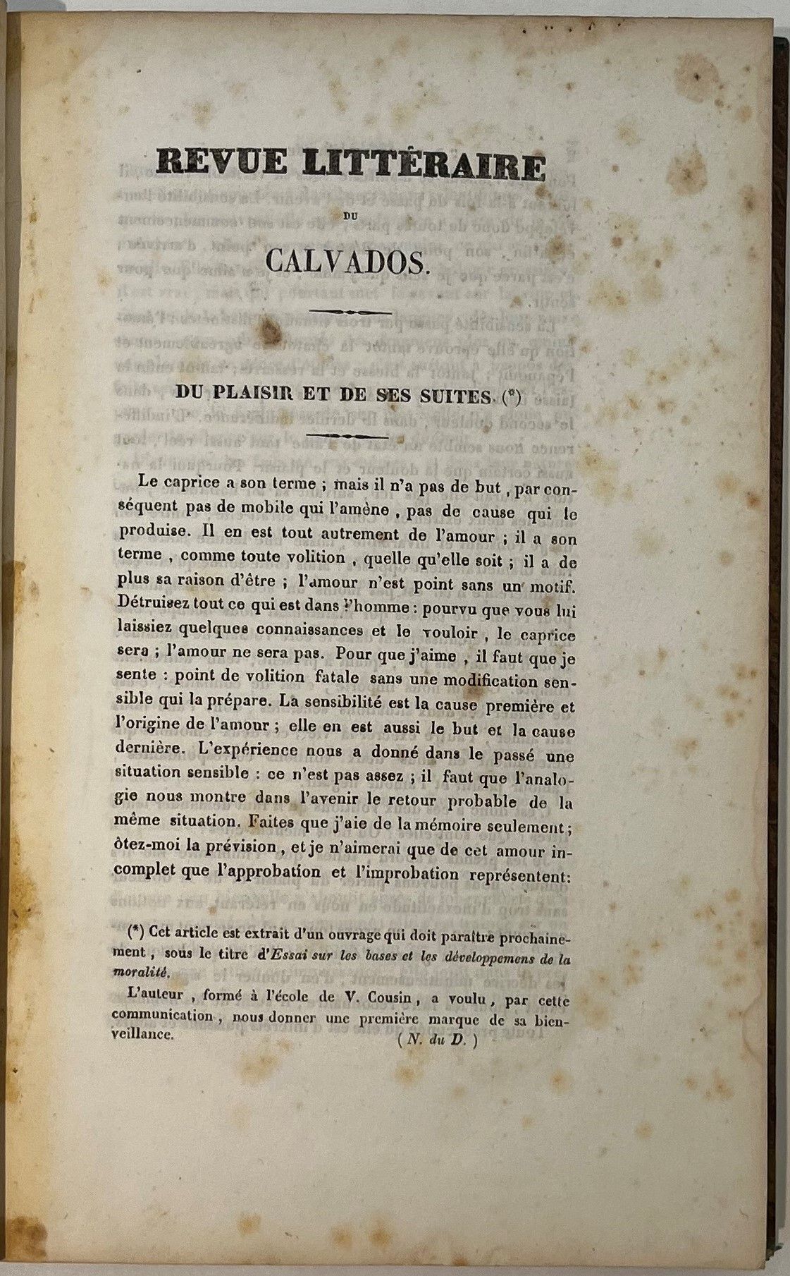 LITERARY REVIEW OF CALVADOS
No. 1, January 1, 1834-No. 11 / 12, November-December 1834.
Caen, Au Bureau de la Revue du Calvados. Texts by E. Assollant, A. Charma, A. Delalande, Paul Delasalle, Ch. Ducros, A. Le Flaguais, Georges Mancel, Léon Masson, E. Toutain, etc. Complete collection. 12 numbers in 11 issues in 1 vol. in-8 bound. Handwritten notes by Vasseur (1 f.). Joint: - 1 L.D.S. from the Bibliothèque municipale de Caen (1958) confirming to Vasseur that the review lasted only one year.