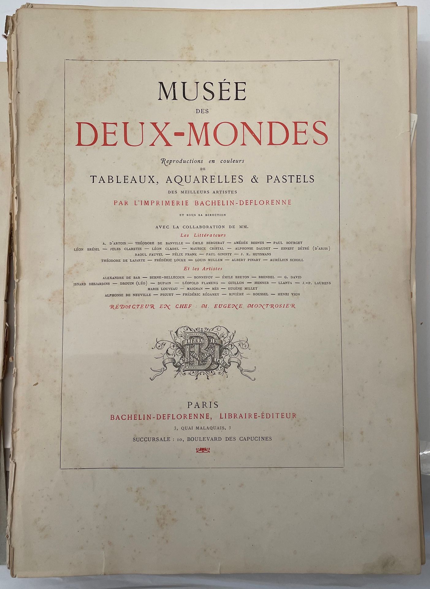 MUSÉE DES DEUX-MONDES
N° 9, 1er mars 1875, n° 11, 1er avril 1875, n° 12, 15 avril 1875, n° 2, 15 mai 1875, n° 4, 15 juin 1875, n° 6, 15 juillet 1875, n° 9, 1er septembre 1875, n° 11, 1er octobre 1875, n° 1, 1er novembre 1875, n ° 3, 1er décembre 1875, n° 4, 15 décembre 1875, n° 6, 15 janvier 1876, n° 8, 15 février 1876, n° 9, 1er mars 1876, n° 10, 15 mars 1876, n° 11, 31 mars 1876, n° 1, 1er mai 1876, n° 2, 15 mai 1876, n° 7, 1er août 1876, n° 9, 1er septembre 1876, n° 1, 15 novembre 1876, n° 4, 15 février 1877. A paru du 1er mai 1873 au 15 avril 1877. Paris, Bachelin-Deflorenne, Libraire-Éditeur, Rédacteur en chef : Eugène Montrosier. 1 vol. in-folio relié à restaurer (sans dos ni plats). Notes manuscrites de Vasseur (1 f.). Joint : – 3 L.D.S. de Pierre Lambert de la Société J.-K. Huysmans (27 août 1964, 15 octobre 1964, 11 novembre 1965) ; – 1 L.D.S. de Vasseur (4 novembre 1965) à Pierre Lambert ; – 59 gravures extraites des livraisons entre le 1er janvier 1875 et le 15 avril 1877.
Réunion de tous les numéros dans lesquels ont paru des articles de J.-K. Huysmans. Tous ces numéros ont été conservés en entier sauf : – dans le n° 4 (15 juin 1875) : manque pp. 27-28 ; – dans le n° 7 (1er août 1876) : manque pp. 49-50 ; – dans le n° 1 (15 novembre 1876) : pp. 5 et 6 mutilées ; – dans le n° 2 (15 mai 1876) : manque une eau-forte par Lurat ; – dans le n° 7 (1er août 1876) : manque une chromolithographie par Guillon.