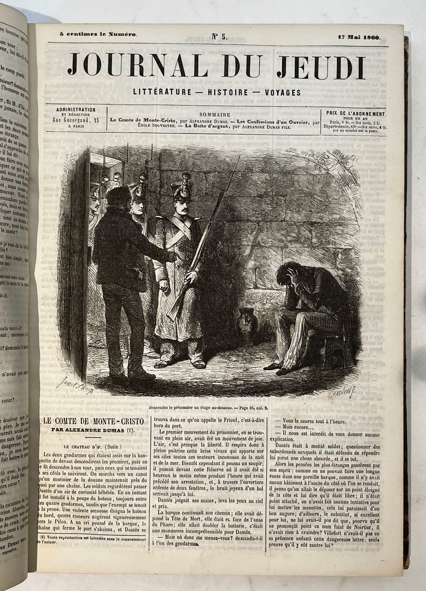 THURSDAY NEWSPAPER
Literature, History, Travels
N° 1, May 3, 1860-N° 87, February 28, 1861. Paris, A. Dugit. Head of collection. 87 issues in 1 vol. in-4 bound in the period bearing on the back : " A. Dumas, Le Comte de Monte Cristo. Handwritten notes by Vasseur (1 f.).
The interest of the present copy lies in the republication of the Count of Monte Cristo by Alexandre Dumas which appears without interruption from n° 1 to n° 80.