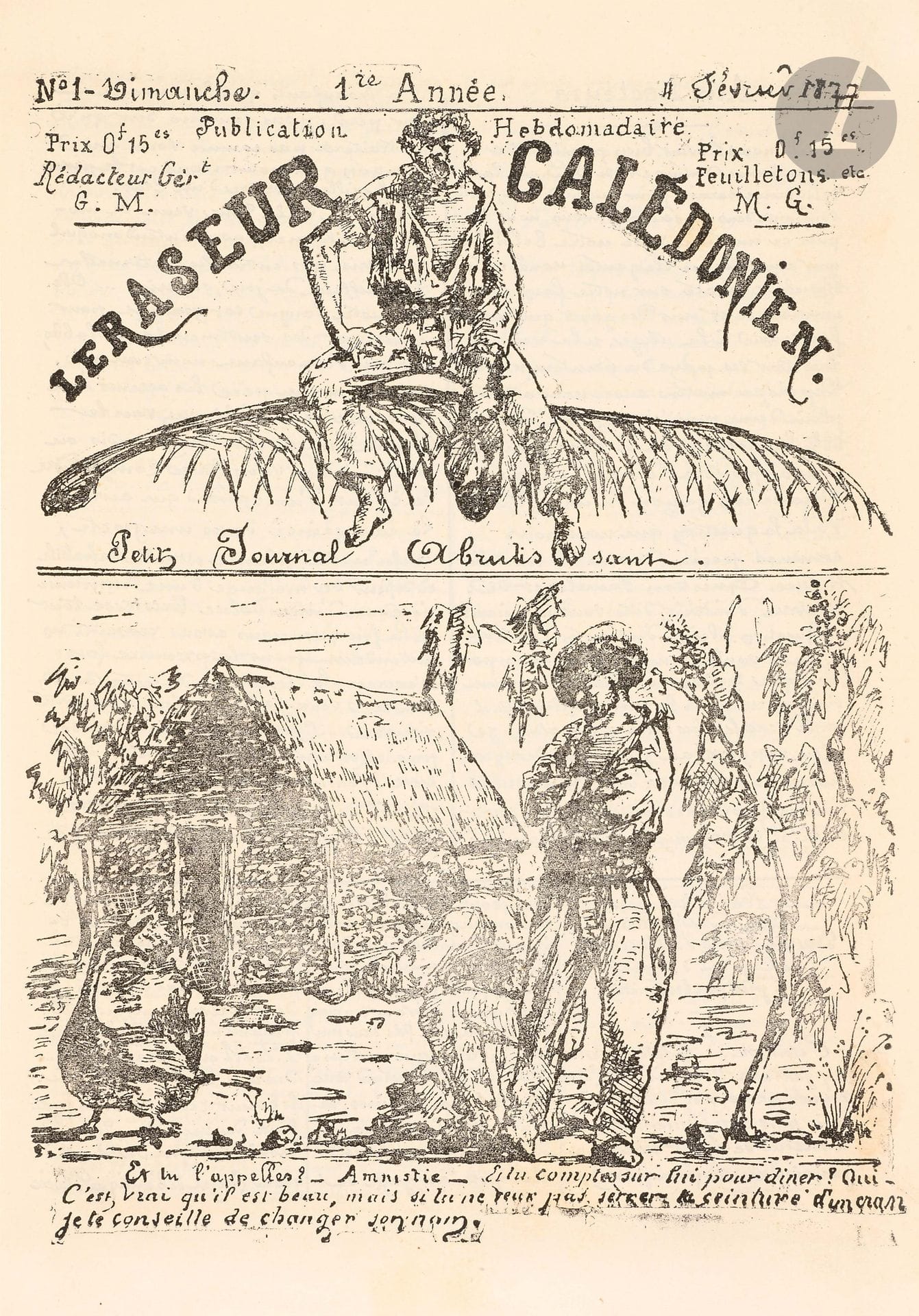 LA PETITE LUNE
N° 1, 1878-n° 52, 1879 + n° 1 de la 2e année (après la fusion avec La Lune rousse). Paris, Directeur : André Gill. Chaque première page est illustrée en couleurs par Gill. Les textes sont signés de pseudonymes. Collection complète. 53 numéros en 53 livraisons in-4.
L’ESCLAVE IVRE
N° 1, 1881-n° 4, 1881. Paris, Gérant : V. Gontard, puis E. Beaurepaire. Chaque 1ère page est illustrée en couleurs par Gill. Les textes sont signés de pseudonymes. 4 numéros en 4 livraisons in-4. Conçue sur le plan de La Petite lune, la revue était destinée à combattre l’opportunisme en la personne de son chef Gambetta. Joint : – Une coupure extraite du n° 14 de Études de presse (1956) donnant la biblio de L’Esclave ivre.
LE SANS-CULOTTE
N° 1, Octidi, 8 Vendémiaire an 87 [9 octobre 1878]-n° 30, Octidi, 8 Floréal an 87 [7 mai 1879]. Paris, Directeur-Dessinateur-Rédacteur en chef : Alfred Le Petit. Chaque première page est illustrée en couleurs par Alfred Le Petit. Textes de Jules Jouy, Alfred Le Petit et divers pseudonymes dont Jean Populot [Jean Richepin]. Collection complète. 30 numéros en 30 livraisons in-4. Joint : – Le rare Almanach du Sans-culotte (16 p. in-12).
LE PÈRE DUCHÈNE ILLUSTRÉ
N° 1, 17 Frimaire an 87 [7 décembre 1877]-n° 13, 10 Ventôse an 87 [28 février 1878]. Paris. Les textes sont signés de pseudonymes. 13 numéros en 13 livraisons in-4.
LE PAVÉ
N° 1, dimanche 12 janvier 1879-n° 3, dimanche 26 janvier 1879. Paris, Gérant : A. Roussel. Textes de Gabriel Arnault, Gustave Nesel, C.C. Rico, René Stoll, Julien Valdy. La première page des n° 1 et 2 est illustrée par Emmanuel Chicot. 3 numéros en 3 livraisons in-4.
LE RASEUR CALÉDONIEN
Petit journal abrutissant
N° 1, dimanche 4 février 1877. Revue polycopiée, illustrée en noir en première page.
Ces six titres reliés en un seul volume demi maroquin rouge. Joint : – 1 coupure de presse : Le Journal, 27 avril 1895 : article d’Étienne Carjat sur André Gill.
