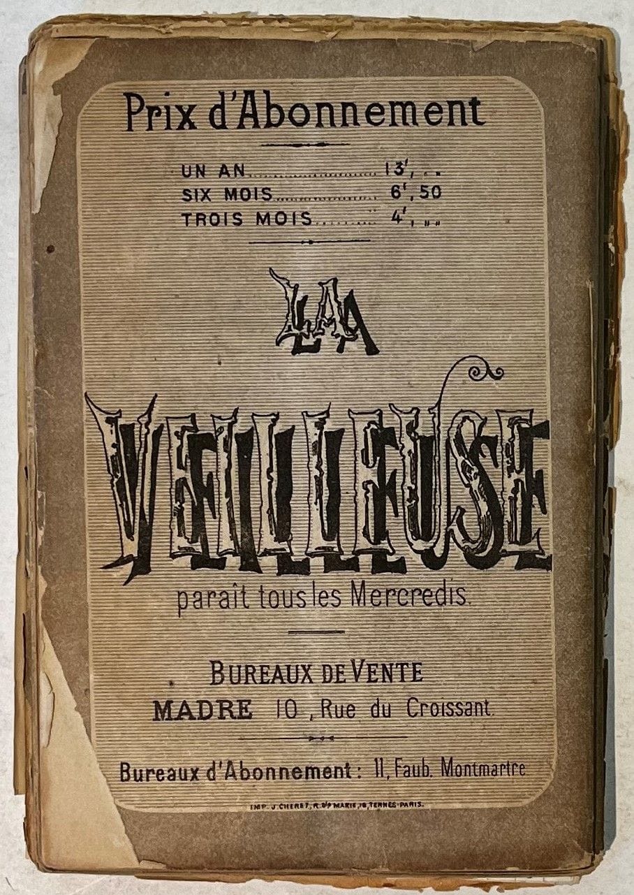 LA VEILLEUSE
No. 1, Wednesday July 15, 1868-No. 4, Wednesday August 5, 1868. No. 5 (August 15, 1868) is missing. This Veilleuse (in-16) was followed by another Veilleuse (in-folio) which includes 18 issues and which lasted from August 29 to December 26, 1868. Paris, Manager : Albert François, then P. Savagner. Review entirely written by Jules Barbey d'Aurevilly. 4 issues in 4 in-16 bound deliveries. Joined : - 1 L.A.S. from Jules Barbey d'Aurevilly to Mr. Mortier in which it is about the other Veilleuse ; - 1 photograph of Jules Barbey d'Aurevilly (cliché E. Lahire and H. Rousseau). The n° 1 is in bad condition. This magazine is very rare, even incomplete.