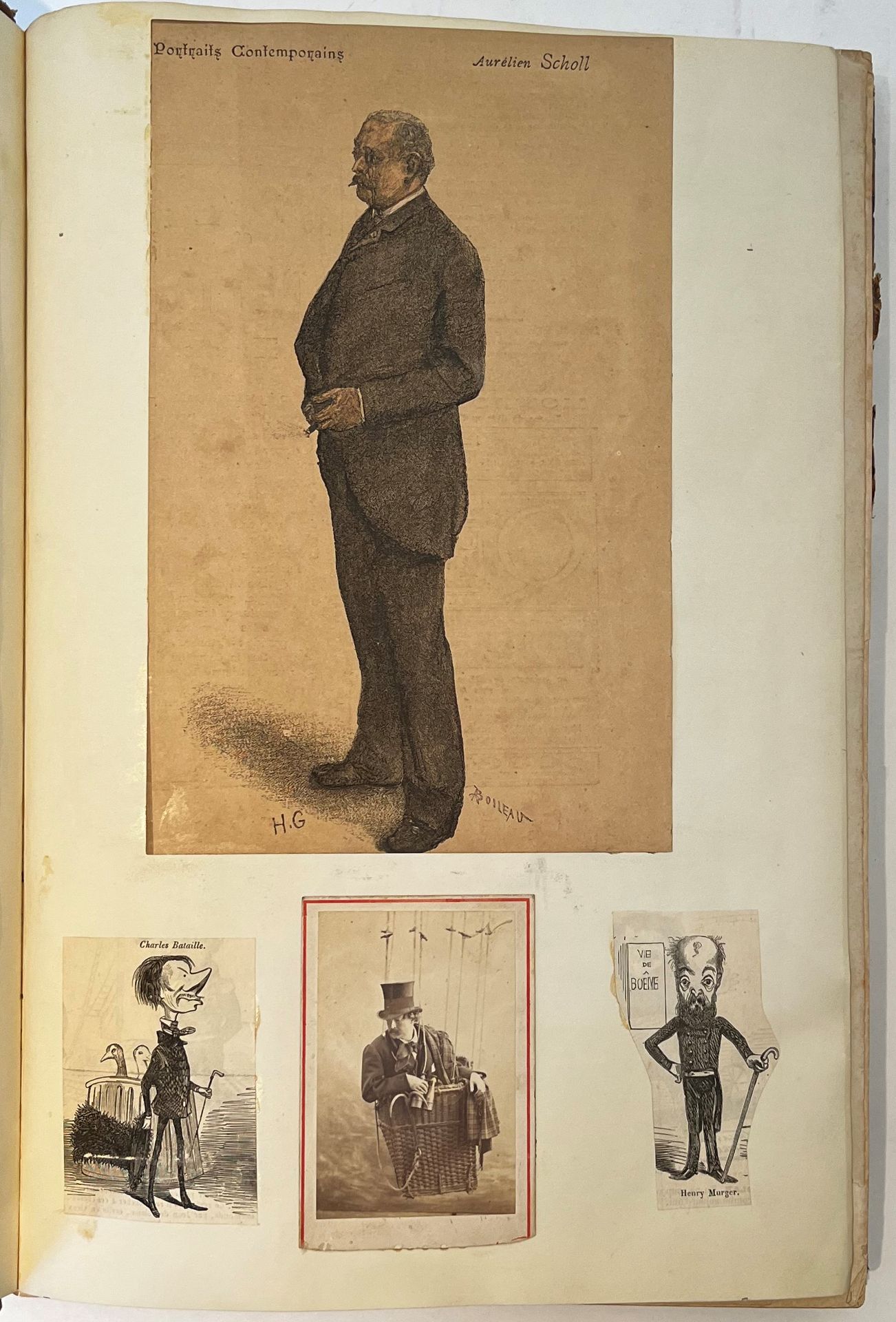 TRIBOULET
Appearing on Wednesday and Saturday
No. 1, Saturday, March 7, 1857-No. 16, Wednesday, April 29, 1857. Paris, Editor in chief : Altève Aumont, Owner-Administrator : Armand Sédixier. Texts by Altève Aumont, Barrillot, Alfred Delvau, Émile Desdemaines, Eugène Muller, P. Raymond-Signouret, Antonio Watripon, etc. Complete collection. 16 numbers in 16 issues in folio. Merged with Diogène which had started on August 10, 1856 and became Triboulet et Diogène :
TRIBOULET ET DIOGÈNE
Appearing on Wednesday and Saturday
N° 17, Saturday May 2, 1857-N° 20, Wednesday May 13, 1857. Paris, Editor-in-chief : Altève Morand, Director-owner : Armand Sédixier. Texts by Alfred Delvau, Léon Fuchs, Altève Morand, Eugène Muller, Jules Richard, Amédée Rolland, etc. Illustrations by A. Greppi. Complete collection. 20 numbers in 20 issues in folio. Becomes Le Rabelais :
LE RABELAIS
Appearing on Wednesday and Saturday
N° 1, Saturday May 16, 1857-N° 70, Wednesday November 4, 1857. The n° 69 and 70 are bound after the 2 blank sheets that follow the n° 68. Director-owner : Armand Sédixier. Texts by Alfred Delvau, Firmin Maillard, Charles Monselet, Amédée Rolland, Armand Sédixier, etc. Illustrations by Durandeau, A. Greppi, Nadar, Célestin Nanteuil, etc. Complete collection. 70 numbers in 70 folio issues. Handwritten notes by Vasseur (5 ff.). Joint : - Portrait of Alfred Delvau (engraving) by Le Rat ; Portrait of Charles Baudelaire (cliché Carjat) ; - Portrait of Aurélien Scholl ; - 2 small portraits charges of Charles Bataille and Henry Murger ; - Photograph of Nadar in a balloon ; - Reproduction of the portrait of Baudelaire by Nadar ; - Photograph of H. Murger ; - In the n° 7 of the Rabelais, a newspaper clipping ; - Between the n° 68 and 69 of the Rabelais, a newspaper clipping about the condemnation of the Rabelais. These three titles are gathered in 1 vol. in-folio bound.