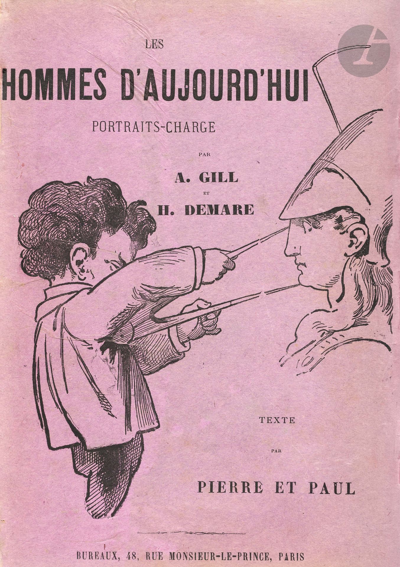 LES HOMMES D’AUJOURD’HUI
N° 1, septembre 1878-n° 469, [1899] + un double n° 244 : « Verlaine par Verlaine », soit 470 livraisons. Paris, A. Cinqualbre, puis, à partir de 1885 Léon Vanier, Fondateur : Félicien Champsaur. On considère la collection complète en 469 livraisons mais pour être absolument complète, elle doit comporter 2 fascicules consacrés à Verlaine : un « Paul Verlaine » par Pierre et Paul (cachant le nom de Verlaine) et un « Paul Verlaine » par Paul Verlaine reproduisant le texte du précédent plus 24 lignes écrites par Verlaine en octobre 1894. Chaque numéro contient un portrait charge en couleurs. Les premiers par André Gill et les suivants par Manuel Luque, Émile Cohl, Léandre, Cazals, L. Anquetin, etc., un par Toulouse-Lautrec (n° 407 : Henri Somm qui n’est autre que Lautrec). La signature de Pierre et Paul cachait très souvent l’auteur auquel était consacré le fascicule. Collection complète. 469 numéros en 469 livraisons + 1 autre n° 244 en 4 vol. in-4 reliés. Joint : Au tome 1 : – 1 carte de visite de Félicien Champsaur avec quelques lignes autographes ; – 1 portrait de Champsaur par Rops ; – 1 L.A.S. de Louis Pillard (Nancy) à Édouard Dujardin ; – 2 L.D.S. de Jean-Léo (Le Grenier du Collectionneur, Bruxelles, 1970) à André Vasseur ; – La couverture générale de livraison couleur mauve ; – Le n° 41 (Ferdinand de Lesseps) en noir ; – 1 extrait d’un article paru dans Études de presse consacré aux Hommes d’aujourd’hui ; Au tome 2 : – La couverture générale de livraison couleur jaune. Au tome 3 : – La couverture générale de livraison couleur mauve ; – Le n° 236 (Hippolyte Maze) en noir ; – À l’intérieur du n° 298 : 7 ff. (Jules Laforgue par Gustave Kahn), le manuscrit autographe de ce numéro signé Gustave Kahn. Au tome 4 : – 1 carte autographe de Jules Renard (février 1893) à Alfred Vallette ; – 3 L.A.S concernant le n° 338 (Édouard Dujardin par Teodor de Wyzewa) : 1 de Wyzewa (11/07/1890) ; 1 de Léon Vanier (23/03/1891), 1 de Octave Maus (12 /05/1891). Dans ces trois lettres il est question des Hommes d’aujourd’hui ; – 1 couverture générale de livraison en couleur ; – À l’intérieur du n° 360 (Kahn par Félix Fénéon), le manuscrit autographe signé (10 ff.) de ce numéro et l’épreuve imprimée. Le manuscrit de Fénéon est beaucoup plus long que le texte imprimé et l’épreuve imprimée contient de nombreuses corrections autographes ; – Les n° 373, 376, 386, 387, 389, 390 sont en double. Exemplaire exceptionnel ainsi composé.