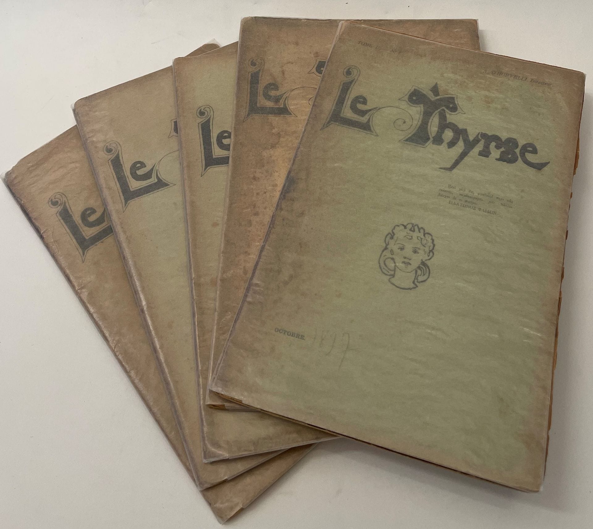 THE THYRSE
Monthly collection of philosophy, art &amp; literature
No. 1, March 1897-No. 4, June 1897 + Volume II: No. 1, October 1897. Paris, Director : A. d'Horvelli, General Secretary : M. Thomas, Editorial Secretary : Jean de Loris. Texts by Robert Auzerol, Henry de Bruchard, Gésa Darsuzy, Édouard Ducoté, Paul Fort, Paul-Louis Garnier, A.-Ferdinand Herold, André Lebey, Émile Levif, Han de Lock, Jean de Loris, Roger Mad, Georges Millandy, Frédéric Nietzche, Édouard Pontié, Henri de Régnier, J.-A. de Ribeyral, Jean de Tinan, Jean Viollis, etc. Complete collection. 5 numbers in 5 issues in-8 bound (very bad condition).