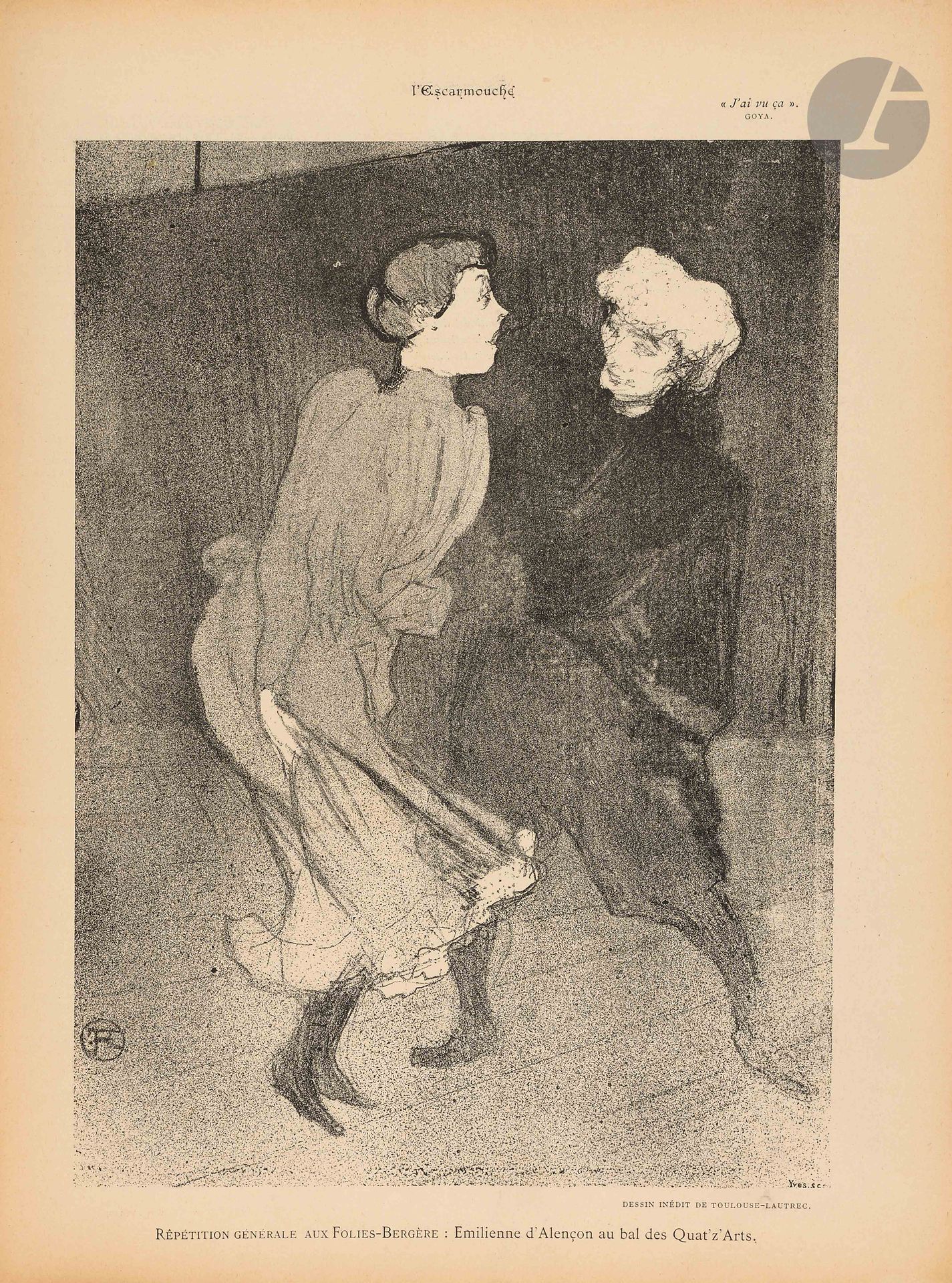 THE ESCARMOUCHE
1st year: n° 1, November 12, 1893-n° 8, December 31, 1893; 2nd year: n° 1, January 7, 1894-n° 3, March 16, 1894. Paris, Director: Georges Darien. The articles are not signed; some pseudonyms. 12 full-page lithographs by Toulouse-Lautrec, 7 by H.-G. Ibels, 6 by Hermann-Paul, 3 by Pierre Bonnard, 2 by Félix Vallotton (plus a woodcut), 1 by Anquetin, 1 (advertising) by Willette. The n° 11 (n° 3 of the 2nd year) in-8, written entirely by Georges Darien and not illustrated (except the cover by Ibels), is extremely rare. Complete collection. 11 numbers in 11 issues in 1 vol. in-folio bound. Handwritten notes by Vasseur (2 ff.). Joint : - The lithographed poster (49 x 65 cm) for the launching of L'Escarmouche (small tear) ; - The reproduction of this poster extracted from Les Maîtres de l'Affiche ; - The prospectus of the exhibition of Toulouse-Lautrec's lithographs at the Musée du Luxembourg (December 1904-January 1905). Among the lithographs exhibited, we find those published in L'Escarmouche; - 1 photograph of Toulouse-Lautrec; - The catalog of the first exhibition of H.-G. Ibels (1894). This one mentions several drawings published in L'Escarmouche; - 1 visiting card of H.-G. Ibels with two autographed lines; - 1 L.A.S. of H.-G. Ibels (February 1906) addressed to Achille Astre (Gustave Geffroy's secretary); - 1 autograph bill from Hermann-Paul to Achille Astre; - 1 portrait of Hermann-Paul; - The catalog of the Hermann-Paul exhibition at the Galerie Bernheim Jeune; - The manuscript of a very nice article by Arsène Alexandre on Toulouse-Lautrec, which was published in the n° 3 of the French supplement of Pan (October 1893); - The card of the Jarry exhibition (1953) where the present copy was exhibited. A fragile but exceptional copy thus composed.