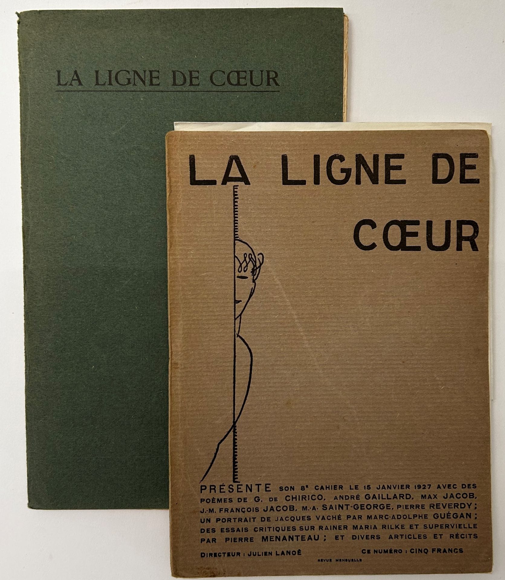 THE HEART LINE
1st series: n° 1, November 15, 1925-n° 12, March 10, 1928, 2nd series: n° 1, May 1933-n° 5, May 1935. Nantes, Director : Julien Lanoë. Texts by Jean Aurenche, Léon Bloy, Marc Boasson, Claude Cahun, Giorgio de Chirico, Jean Cocteau, Louis Émié, Maurice Fombeure, André Gaillard, Alfredo Gangotena, Louis Guilloux, Georges Hugnet, Max Jacob, Julien Lanoë, Gabriel Marcel, Jacques Maritain, Pierre Menanteau, Pierre Reverdy, Paul Sabon, Maurice Sachs, Saint-Pol Roux, André Salmon, Jules Supervielle. Drawings by J.-E. Laboureur. The 2nd series is published in Paris by Librairie Van Den Berg (n° 1-4) then by Librairie de l'Arc (n° 5); it is entirely written by Julien Lanoë, the n° 1 has an autograph sending signed by Julien Lanoë to André Vasseur. Complete collection. 12 deliveries in-8 stapled and 5 deliveries in-8 in sheets, in slipcase. Joined: - 1 L.D.S. of the Municipal Library of Nantes to André Vasseur (October 22, 1944); 1 L.A.S. of Julien Lanoë to André Vasseur (October 30, 1964); - 1 L.D.S. of Jean Prinet, curator of the National Library to André Vasseur (April 23, 1974).