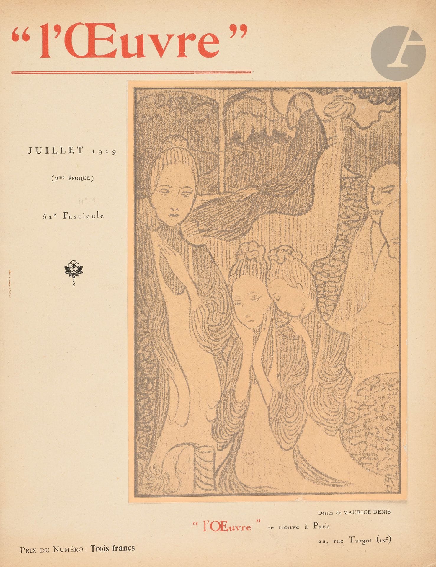 L’ŒUVRE
Revue internationale des arts du théâtre
1ère époque : n° 1, mars 1909-n° 14, décembre 1909 puis, n° 1, janvier 1910-n° 12 (ou 26e fascicule de décembre 1910) puis, n° 1 (27e fascicule de janvier 1911)-n° 12 (35e fascicule de décembre 1911) puis, n° 1/2 (36e fascicule de janvier-février 1912)-n° 9 (43e fascicule de octobre-décembre 1912) puis, n° 1 (44e fascicule de janvier-février 1913)-n° 2 (50e fascicule de juillet 1914) ; 2e époque : n° 1 (51/52e fascicule de juillet 1919)-n° 7 (58e fascicule) puis, n° 9 (61e fascicule)-n° 16 (en réalité n° 17 : 69e fascicule de mai 1923) + n° hors série (du 15 mai 1921) ; 3e époque (saison 1923-1924) : 70e fascicule (ou n° 1 de novembre 1923)-72e fascicule (ou n° 3 de juin 1924) ; 4e époque (saison 1924-1925) : 73e fascicule (automne 1924)-75e fascicule (printemps-été 1925). Dans la 1ère époque : le n° 2 de mars-avril 1913 est mentionné fascicule 44 bis ; les 9 premiers numéros sont simplement des bulletins programme de 4 pages qui deviennent ensuite plus importants. Il y a deux tables des matières. Après le n° 2 de juillet 1914, la publication est interrompue et reprend en 1919. Dans la 2e époque : il manque le n° 8 (59e/60e fascicule de janvier 1921). Le n° hors-série n’a pas de numéro : il est composé de 1 portrait de Crommelynck et de 7 planches hors-texte de Crommelynck pour « Le Cocu magnifique ». La couverture de ce hors-série est identique à celle du n° 10 (62e fascicule) de mai 1921.
Devient L’ŒUVRE THÉÂTRALE pour le 76e fascicule (5e époque, n° 1, décembre 1925) puis : LA REVUE DE L’ŒUVRE à partir du 77e fascicule : 5e époque : 77e fascicule (n° 2, janvier 1926)-79e fascicule (n° 1, novembre 1926), puis 81e fascicule (n° 3, mai 1927)-87e fascicule (n° 3, février 1929) ; 6e époque : 89e fascicule (n° 1, janvier 1930). Il manque le 80e et le 88e fascicule de la 5e époque. Le 77e fascicule est polycopié. Dans le 82e fascicule (n° 1 de novembre 1927) il manque les 7 h.-t. mentionnés au sommaire. Paris, Directeur : A.-F. Lugné-Poe. Textes de Antonin Artaud, François Bernouard, Paul Claudel, Suzanne Desprès, Neel Doff, Isadora Duncan, Maurice de Faramond, Paul Fort, Ivan Goll, Remy de Gourmont, Alfred Jarry, Frantz Jourdain, Ernest Lajeunesse, Legrand-Chabrier, Simon Lissim, Lugné-Poe, Paul Poiret, Henri de Régnier, André Salmon, Auguste Strindberg, Christian Zervos, etc. Illustrations de L.R. Antral, Léon Bakst, Serge Choubine, Jean Cocteau, Maurice Denis, Maxime Dethomas, Henri Etlin, Pierre Fau, André Girard, Nathalie Gontcharova, Constantin Guys, Hellé, Jean Hugo, Alfred Jarry, Lucien Laforge, Pierre Laprade, Auguste Rodin, Gino Severini, Toulouse-Lautrec, Van Dongen, Édouard Vuillard, etc. Collection presque complète. 87 livraisons in-4 brochées sous 5 emboîtages. Les 26 premiers fascicules sont déreliés. Joint : – Programme du répertoire de 1893 à 1914 (21 ff. in-4 dactyl.) ; – 2 L.A.S. de Lugné-Poe à Édouard Dujardin (1892 et 1893) ; – 1 L.D.S. de Lugné-Poe à Édouard Dujardin (1939) ; – 1. L.A.S. de Suzanne Desprès à Édouard Dujardin (1924) ; – 3 portraits de Lugné-Poe ; – Programme pour « L’Otage » de Paul Claudel (1914) ; – 1 n° de 16 p., non daté, non numéroté consacré à Suzanne Desprès. Cette collection est d’une grande rareté, sa publication ayant été fort irrégulière.