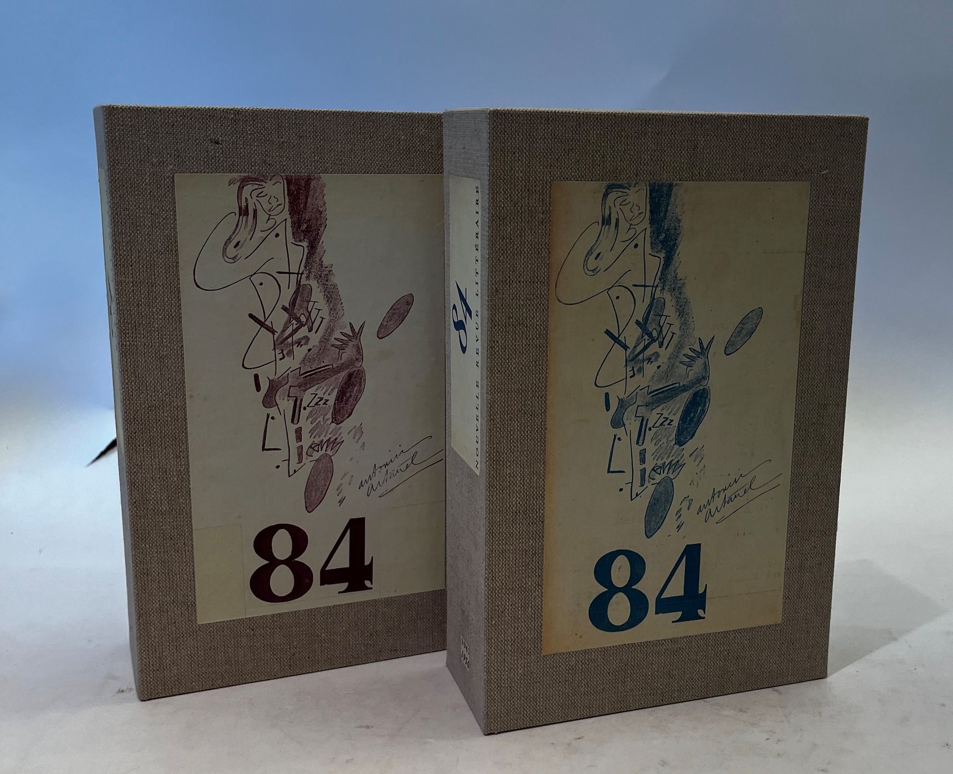 FOURTY-FOUR or 84
No. 1, [March] 1947-No. 18, May-June 1951. Paris, Les Éditions de Minuit, Director: Marcel Bisiaux. Texts of Arthur Adamov, Georges Alexandre, Marcel Arland, Antonin Artaud, Audiberti, Georges Bataille, Samuel Beckett, Gottfried Benn, Jacques Brenner, Camille Bryen, Henri Calet, René Char, Charles-Albert Cingria, René Crevel, André Dhôtel, John Donne, Pierre Drieu La Rochelle, André du Bouchet, Marguerite Duras Eliot, David Gascoyne, André Gide, Roger Gilbert-Lecomte, Jean Grenier, Pierre Herbart, Philippe Jaccottet, Max Jacob, Marcel Jouhandeau, Pierre Jean Jouve, James Joyce, Ernst Jünger, Franz Kafka, Pierre Klossowski, François Laloux, Georges Lambrichs, Marcel Lecomte, Pierre Leyris, Florence Loeb, Armen Lubin Pierre Mabille, Pierre Minet, Eugenio Montale, Robert Musil, Boris Pasternak, Jean Paulhan, André Pieyre de Mandiargues, Francis Ponge, Jacques Prevel, Jacques Prévert, Raymond Queneau, Georges Ribemont-Dessaignes, Rainer Maria Rilke, Armand Robin, Maurice Sachs, Jules Supervielle, Paule Thévenin, Henri Thomas, etc. Covers of the first 13 issues illustrated with a drawing by Antonin Artaud. Complete collection. 18 numbers in 14 issues in-8 under 2 slipcases. Handwritten notes of Vasseur (2 ff.). Joined: - 1 L.D.S. (March 9, 1966) of the Éditions de Minuit informing Vasseur that they cannot inform him about 84 and that there is no more a single copy of this review at the Éditions de Minuit; - 1 handwritten note of Claude Rameil (1966) collector of the work of Raymond Queneau and which gives to Vasseur the names of the collaborators to the n° 19 of 84 which was never published; - 1 L.A.S. from Audiberti (April 26, 1938) to Édouard Dujardin: he talks about his candidacy for the Académie Mallarmé and his Parisian life; - Portraits of Léon-Paul Fargue, Max Jacob (original unpublished photo with Marcel Béalu and his wife), André Gide, André Dhôtel, Jules Supervielle, Jacques Audiberti, Raymond Queneau, T.S. Eliot, Pierre Jean Jouve, Marcel Jouhandeau, Jean Schlumberger, Jean Paulhan, Marcel Arland, Francis Ponge, Marcel Bisiaux, René Char, Boris Pasternak, Béatrice Beck; - 1 subscription form to the magazine; - 1 article from Figaro (11 / 07 / 1974).