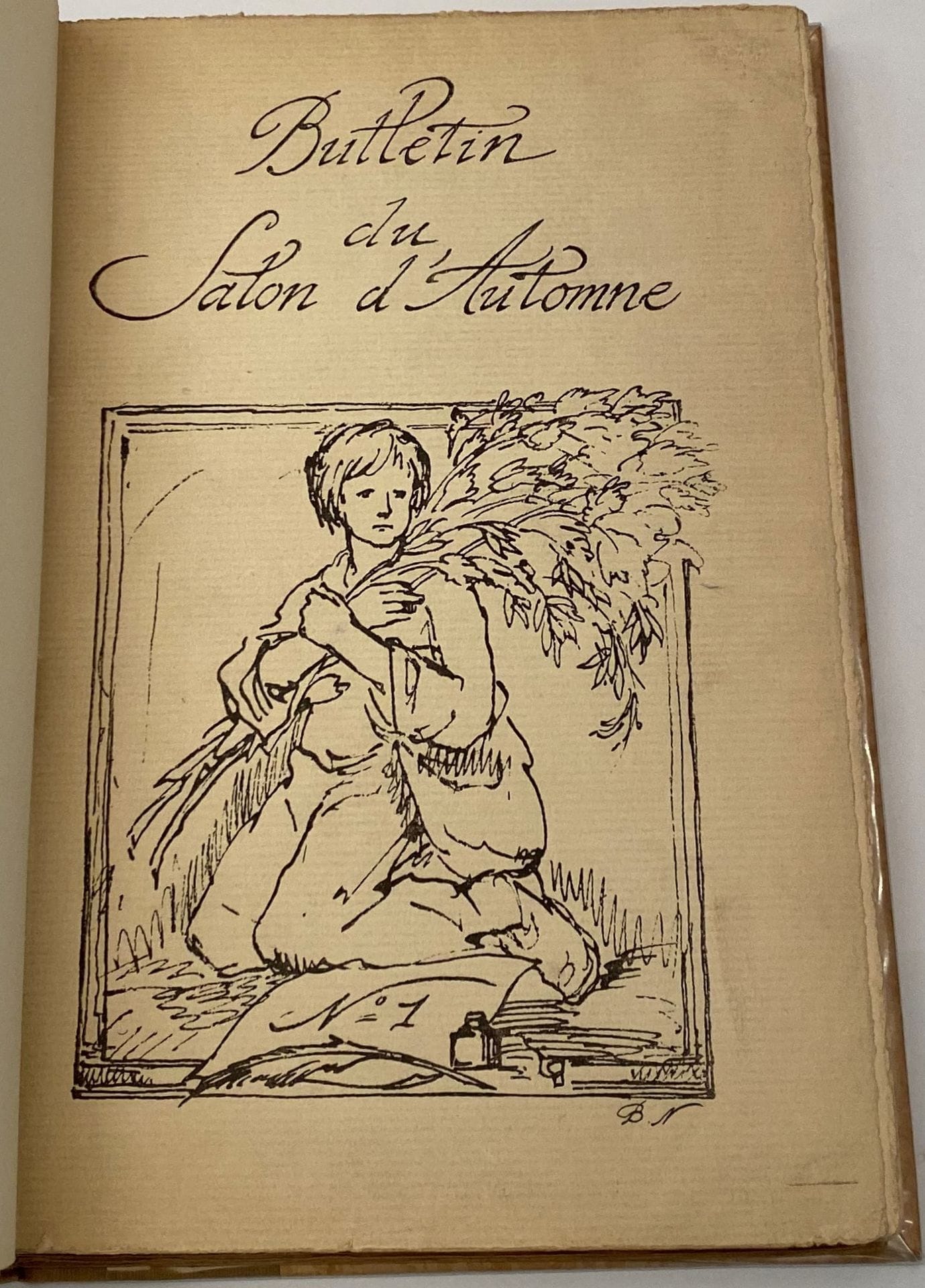BULLETIN DU SALON D’AUTOMNE
N° 1, avril-mai 1916-n° 6, avril-juillet 1917. Paris, Gérant : Robert Bonfils. Textes de Théodore Duret, Élie Faure, Frantz Jourdain, Robert de Montesquiou, René Piot, Louis Vauxcelles, etc. Illustrations de Robert Bonfils, Pierre Bonnard, Maurice Denis, Maxime Dethomas, Dunoyer de Segonzac, Georges d’Espagnat, Othon Friesz, Charles Guérin, Marcel Lenoir, Aristide Maillol, André Mare, Bernard Naudin, A. Steinlen, Édouard Vuillard, etc. Collection complète. 6 numéros en 6 livraisons en 1 vol. in-8 relié (couvertures conservées). Notes manuscrites de Vasseur (1 f.). Joint : – 1 carton d’invitation pour le vernissage du 12e Salon d’automne le 31 octobre 1919, avec sur toute la hauteur un dessin d’Albert Marquet. Rare complet.