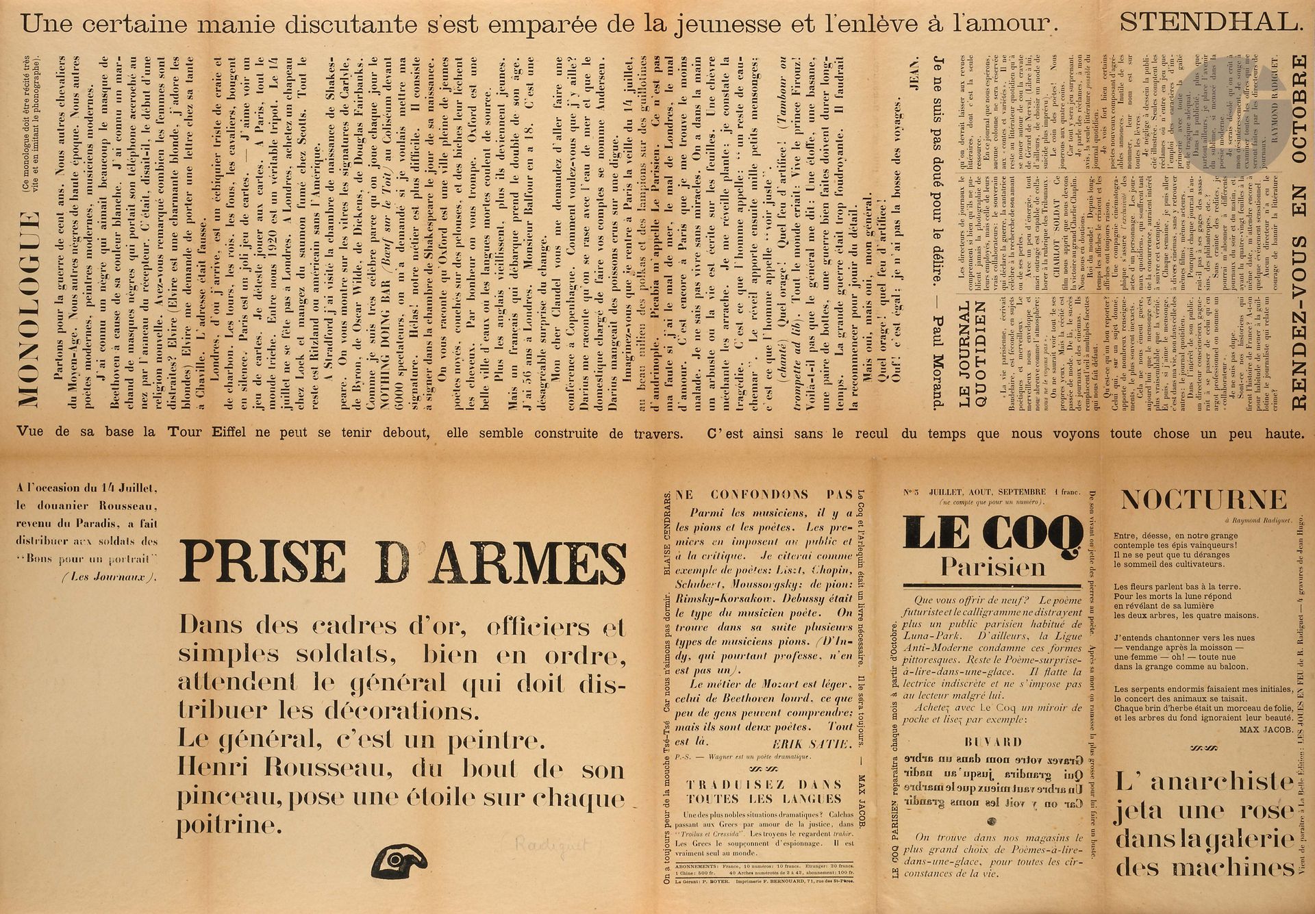 LE COQ
N° 1, April 1, 1920; N° 1, May 1920-N° 4, November 1920. The first n° 1, appreciably different from the second n° 1, is well completed with the hors-texte by Roger de la Fresnaye. Paris, Manager : P. Boyer. Printed on paper of different colors by François Bernouard. Texts by Georges Auric, Jean Cocteau, Louis Durey, Max Jacob, Darius Milhaud, Francis Poulenc, Raymond Radiguet, Erik Satie. Complete collection. 5 issues in 5 broadsides in slipcase. The copies have been deacidified and glued on the back with tylose by the laboratory of the National Library (Conservation Service). Joint: - The subscription bulletin; - 1 original photograph of Jean Cocteau by Germaine Krull (22,5 x 12,5 cm, stamped on the back) - Press clippings on the death of Jean Cocteau. Very rare, especially with the double n° 1.