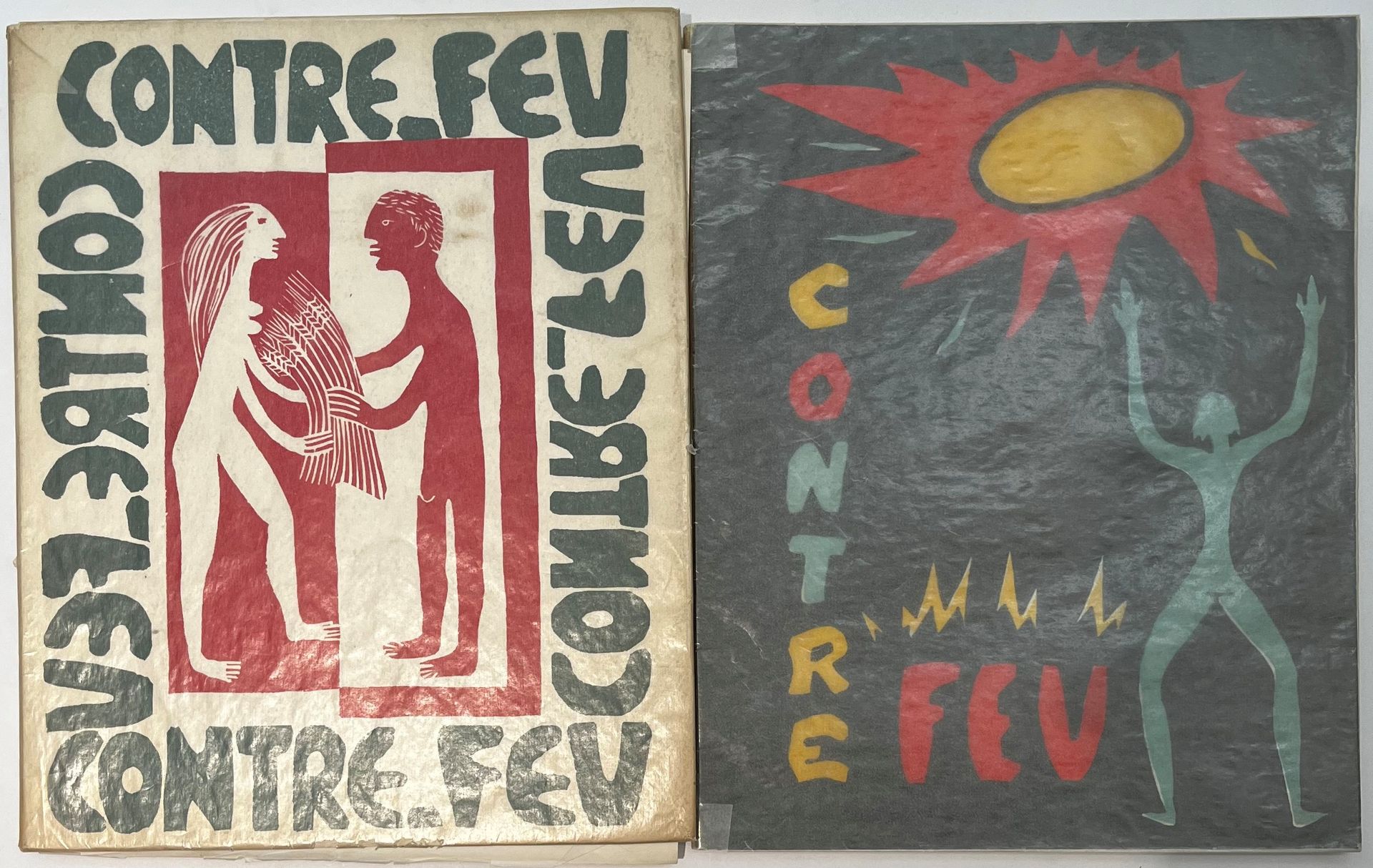 CONTRE-FEU
Revue trimestrielle de la jeune poésie bordelaise
N° 1, janvier-mars 1952-n° 2, avril 1953.
Lormont (Gironde), Directeur : Gérard Courget. Textes de Jean Bouhier, Bertolt Brecht, René-Guy Cadou, Gérard Courget, Paul Éluard, Guillevic, Max Jacob, Jean-Jacques Lévêque, Jean Rousselot, Claude Roy, Tristan Tzara, etc. Illustrations de Max Jacob, Hugues Maurin, Boris Taslitzky, Roger Toulouse. Couvertures illustrées par Hugues Maurin et Jacques Soulier. Ex. sur B.F.K. Rives imprimé spécialement pour Pablo Picasso. 2 numéros en 2 livraisons in-4 brochées. Mouillures sur la 2ème livraison.