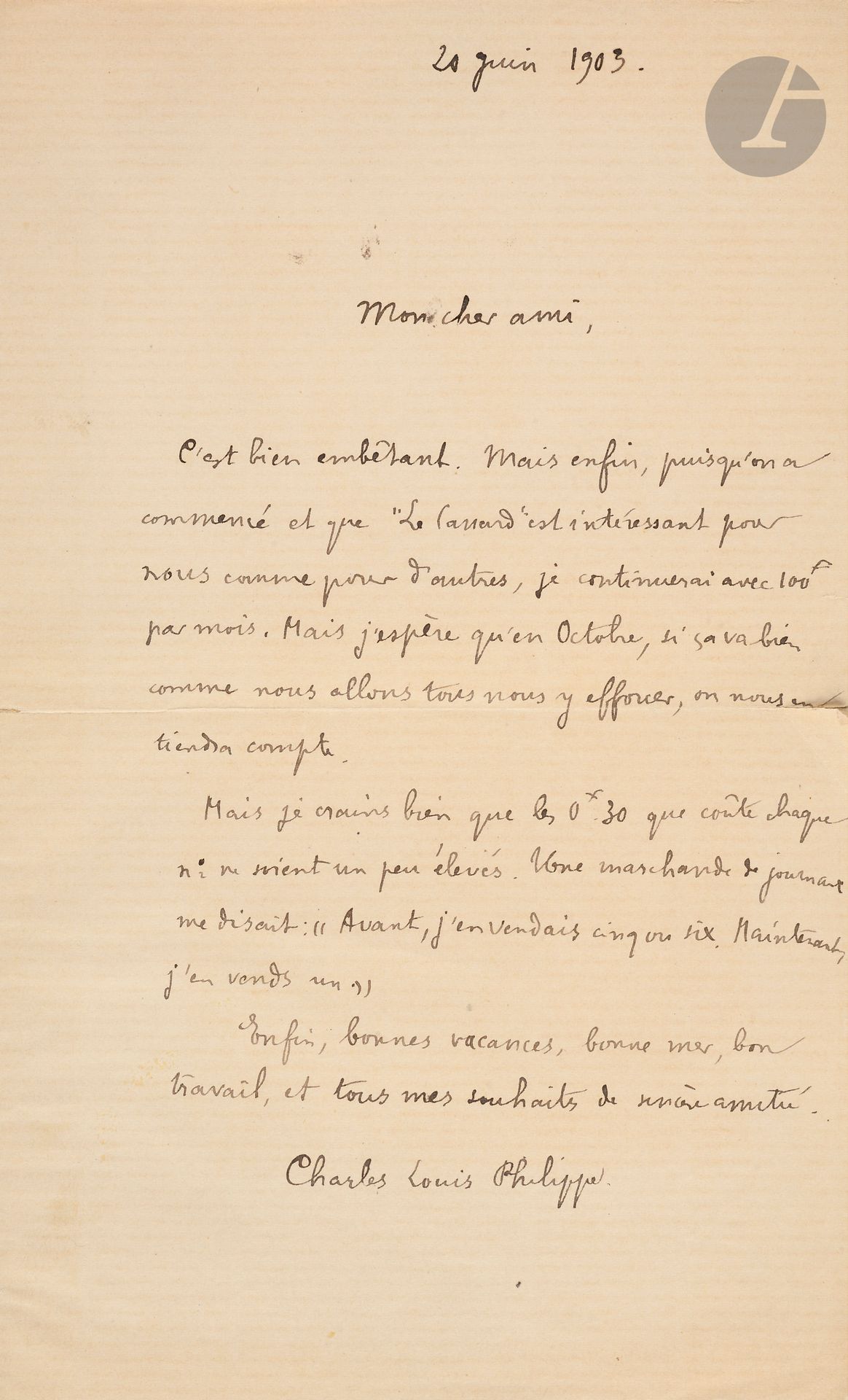 THE WILD DUCK
Every Saturday
N° 1, March 21/28, 1903-N° 31, October 18/24, 1903. Paris, Edmond Chatenay, Editor. Texts by Paul Acker, Tristan Bernard, Anatole France, Franc-Nohain, Alfred Jarry, Ernest La Jeunesse, Octave Mirbeau, Charles-Louis Philippe, Pierre Quillard, Jules Renard, Pierre Soulaine, etc. Illustrations by Pierre Bonnard, Cappiello, Caran d'Ache, Eugène Carrière, G. Delaw, A. Faivre, Galanis, Hermann-Paul, Paul Iribe, Alfred Jarry, Kupka, Métivet, Louis Morin, Pichot, Lucien Pissaro, Poulbot, Roubille, Sem, Steinlen, Félix Vallotton, A. Willette Complete collection. 31 issues in 31 deliveries in 1 vol. in-4 bound (covers preserved). Jointly : - 1 L.A.S. of Charles-Louis Philippe (June 20, 1903) in which it is question of the Canard sauvage ; - 10 portraits among which 6 from the Collection Félix Potin. Binding slightly rubbed.
Satirical, anticlerical, anti-militarist and libertarian weekly. Alfred Jarry was one of the most regular contributors to this magazine founded by Franc-Nohain: in addition to 30 published texts he wrote some anonymous articles signed with a duck in full flight.