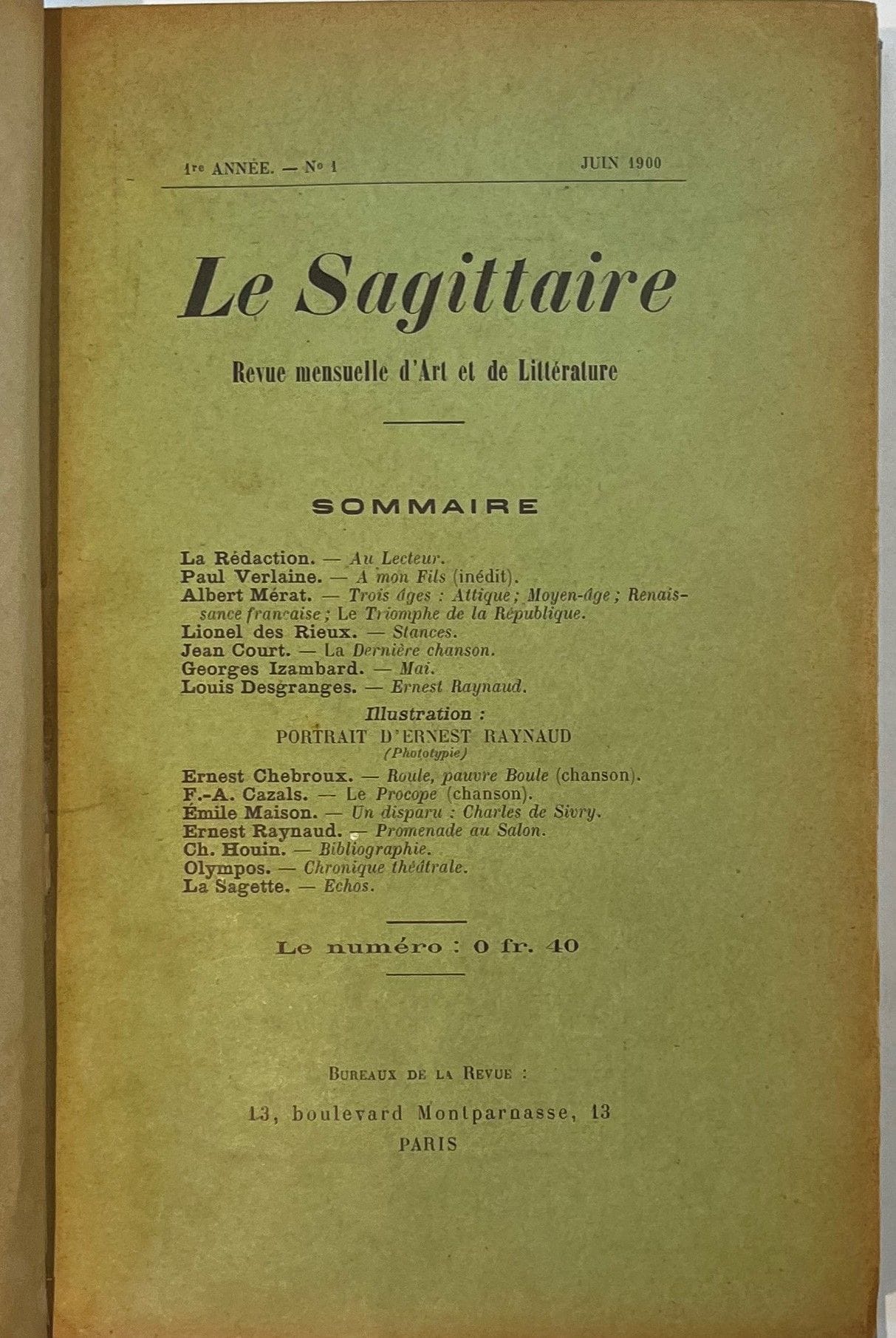 LE SAGITTAIRE
Revue mensuelle d’Art et de Littérature
N° 1, juin 1900-n° 16, octobre-novembre 1901. Paris, Directeur : Ernest Raynaud, Administrateur : Charles Houin, Gérant :  F.-A. Cazals. Textes de Henri Beauclair, F.-A. Cazals, Léon Cazes, Charles Cros (Vers inédits), Ernest Delahaye, Achille Delaroche, Jules Depaquit, Léon Frapié, Ernest d’Hervilly, Charles Houin, Georges Izambard, Edmond Jacques, Francis Jammes, Gustave Kahn, Léon Maillard, Albert Mérat, Jean Moréas, Charles Morice, Rachilde, Ernest Raynaud, Lionel des Rieux, Léon Riotor, Pierre de Saint-Jean, Charles Saunier, Paul Verlaine (Inédit), etc. Portraits h.-t. de : F.-A. Cazals, Eugène Ledrain, Albert Mérat, Ernest Raynaud, Léon Riotor, James Vibert, Gabriel Vicaire. Le n° 14 (août 1901) est consacré à Arthur Rimbaud. Collection complète. 16 numéros en 16 livraisons en 1 vol. in-8 relié (couvertures conservées). Notes manuscrites de Vasseur (2 ff.). Joint : – 1 L.A.S. d’Ernest Raynaud (s.d.) adressée à Léon Maillard (compte absolument sur son article pour le n° du Sagittaire en préparation) ; – 1 L.A.S. de F.-A. Cazals (15/10/1914) adressée à Léon Maillard (provisoirement suspendu, privé de traitement, a besoin d’aide pour éviter une peine disciplinaire) ; – Le n° 4/5 (février-mars 1906) de la Revue d’Ardennes & d’Argonne contenant l’article de Ernest Delahaye : « Le Séjour de Paul Verlaine dans les Ardennes (1877-1883) », qui fait suite et fin aux articles publiés dans Le Sagittaire sous le titre « Pauvre Lélian » ; – Portrait original à la plume de Léon Maillard par Ernest La Jeunesse avec dédicace ; – Portrait de Jean Moréas (reproduction du portrait publié dans Les Têtes de pipe) ; – Portraits de Cazals par H.-G. Ibels, Ernest La Jeunesse, Jean Moréas, Rachilde.