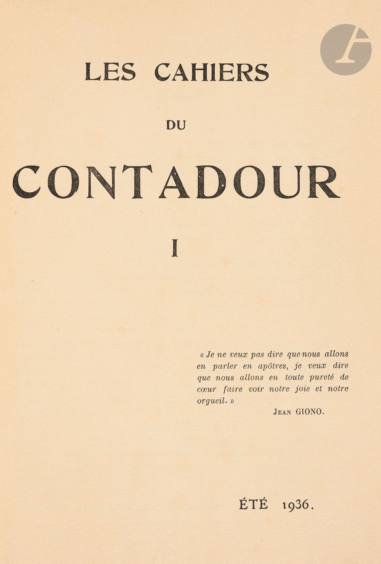 LES CAHIERS DU CONTADOUR
Revue trimestrielle
N° 1, été 1936-n° 8, février 1939.
Paris puis Saint-Paul (Alpes-Maritimes), Directeurs : Jean Giono et Lucien Jacques. Textes de Alain, Jean Aimelle, Robert Berthoumieu, Henri Fluchère, Jean Giono, Charles Grimaldi, Lucien Jacques, André Jean, Jean Lescure, Herman Melville, Eugene O’Neill, Romain Rolland, Jean Vagne, Charles Vildrac. Collection complète. 8 numéros en 7 livraisons in-8 brochées. Notes manuscrites de Vasseur (2 ff.). Joint : – 11 photographies originales (tirage argentiques d’époque) de Jean Giono et du Contadour ; – 1 L.A.S. de la Librairie Niçoise à André Vasseur ; – Jean Giono, homme du Contadour par Jean-Marc Carité.
Cette revue est issue des Rencontres du Contadour, réunions initiées par Jean Giono sur la montagne de Lure en Haute-Provence.