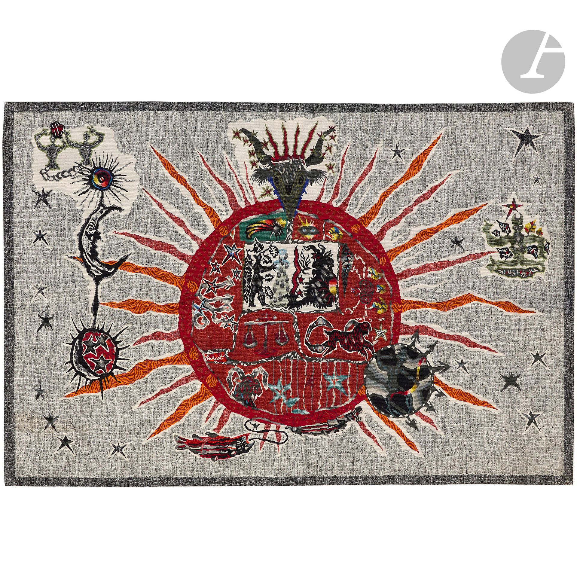 After JEAN LURÇAT (1892-1966) CARTONER PAINTER
Star and zodiac
Tapestry of lice. 
Wools of color. 
Signed LURÇAT in the weft in the center. 
103 x 152 cm