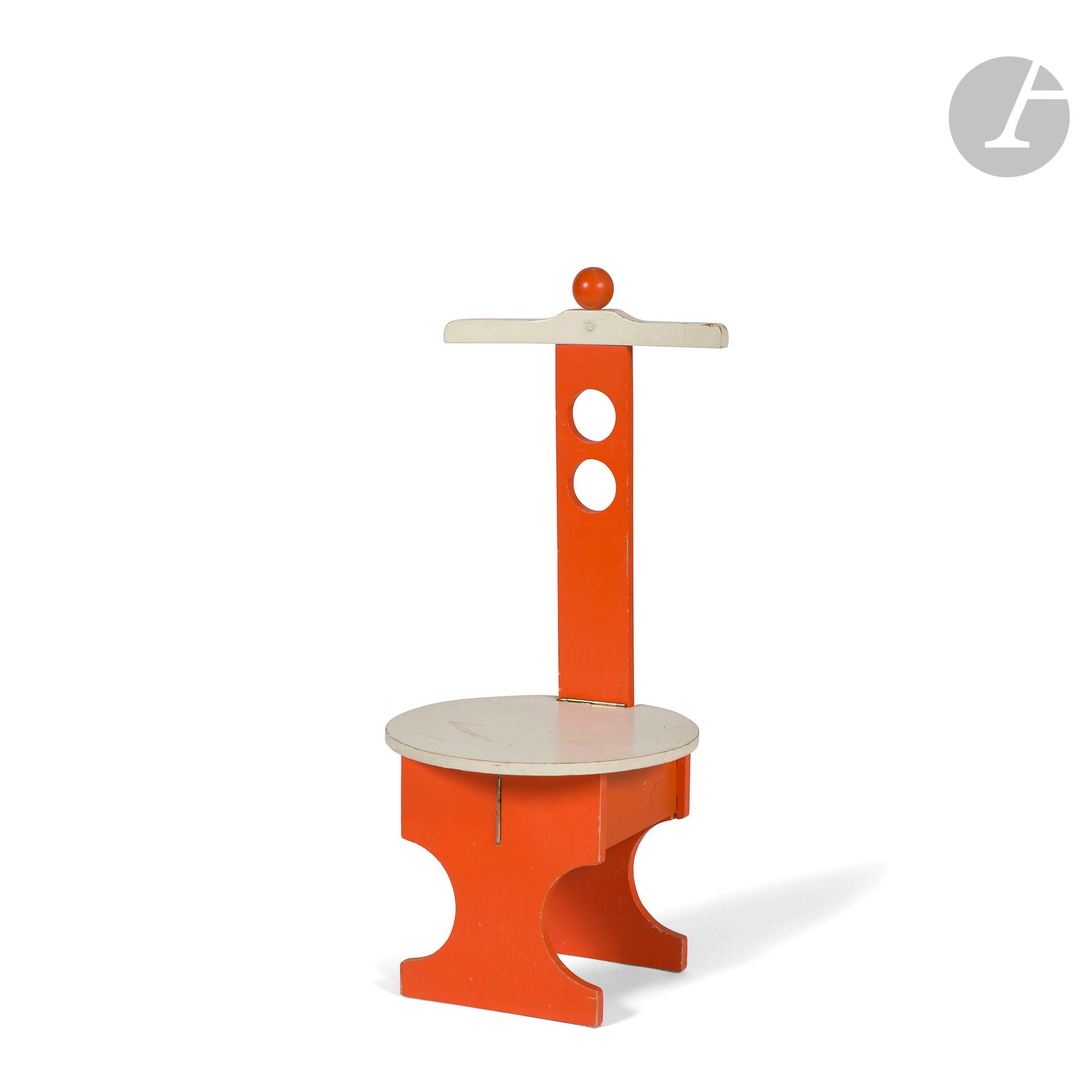FRATELLI REGUITTI IN AGNOSINA (BRESCIA) DESIGNER &amp; PUBLISHER
Colibri 2371, the model designed in [1966]
Child's bed stand in orange and white lacquered wood. Taking the shape of a chair, the backrest is openwork with two circles and topped with a hanger and a sphere. The seat opens by hinge and reveals a box connecting the two rectangular legs each with two semi-circles. Condition of use. H. 76 cm - W. 34 cm - D. 32 cm

Public collections :
Musée des Arts Décoratifs, Paris - A similar coat rack is preserved in the collections of this institution under the inventory number 41950.

Bibliography : 
François Mathey, Yolande Amic and Jacques Dumont - Les assises du siège contemporain - Catalogue of the eponymous exhibition organized from May 3 to July 29, 1968 at the Musée des Arts Décoratifs, Paris, Éditions UCAD, Paris, 1968. Similar model reproduced on page 104.